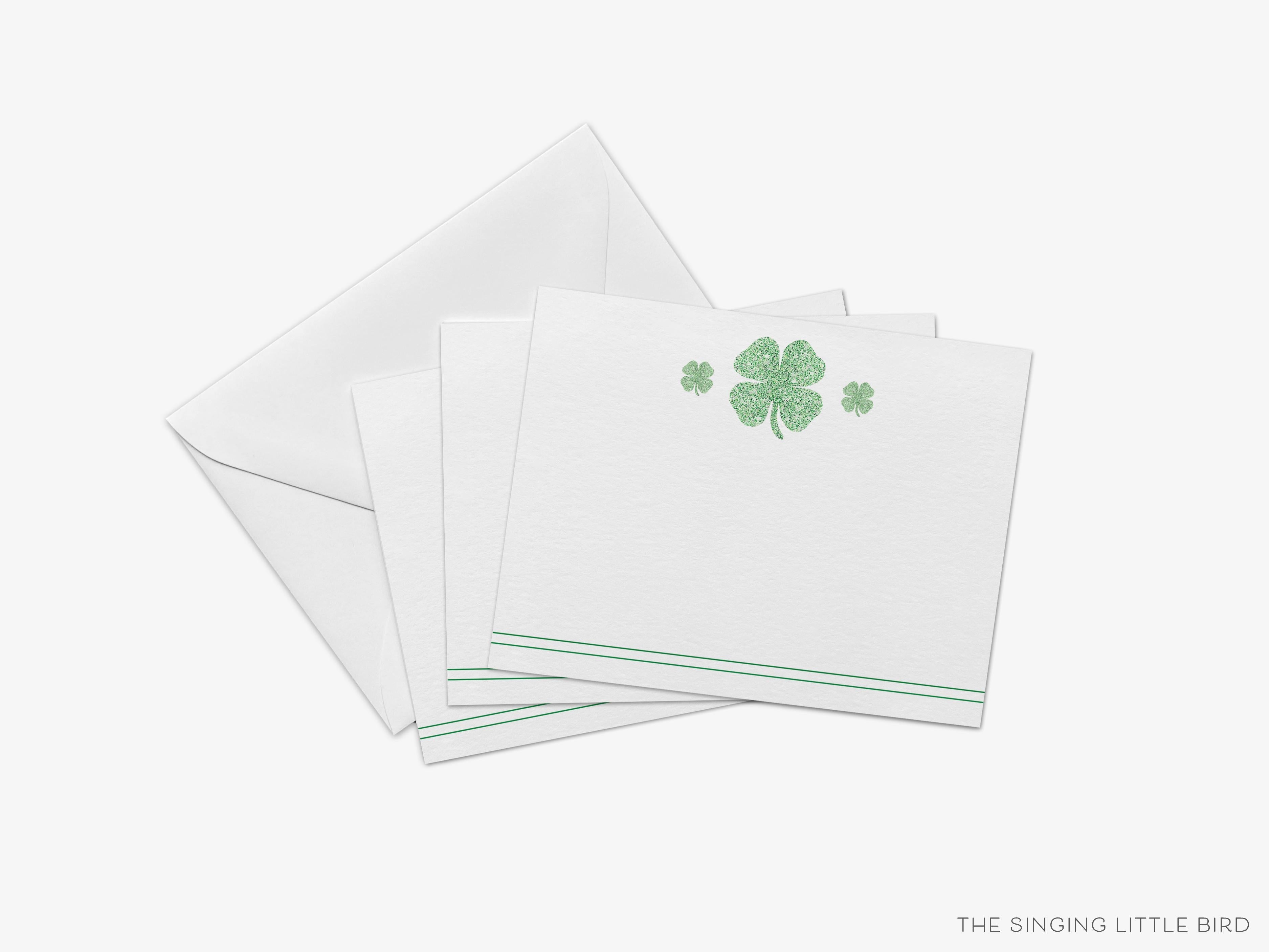 Shamrock Pattern Flat Notes [Sets of 8]-These flat notecards are 4.25x5.5 and feature our hand-painted watercolor four leaf clover, printed in the USA on 120lb textured stock. They come with white envelopes and make great thank yous and gifts for the shamrock lover in your life.-The Singing Little Bird