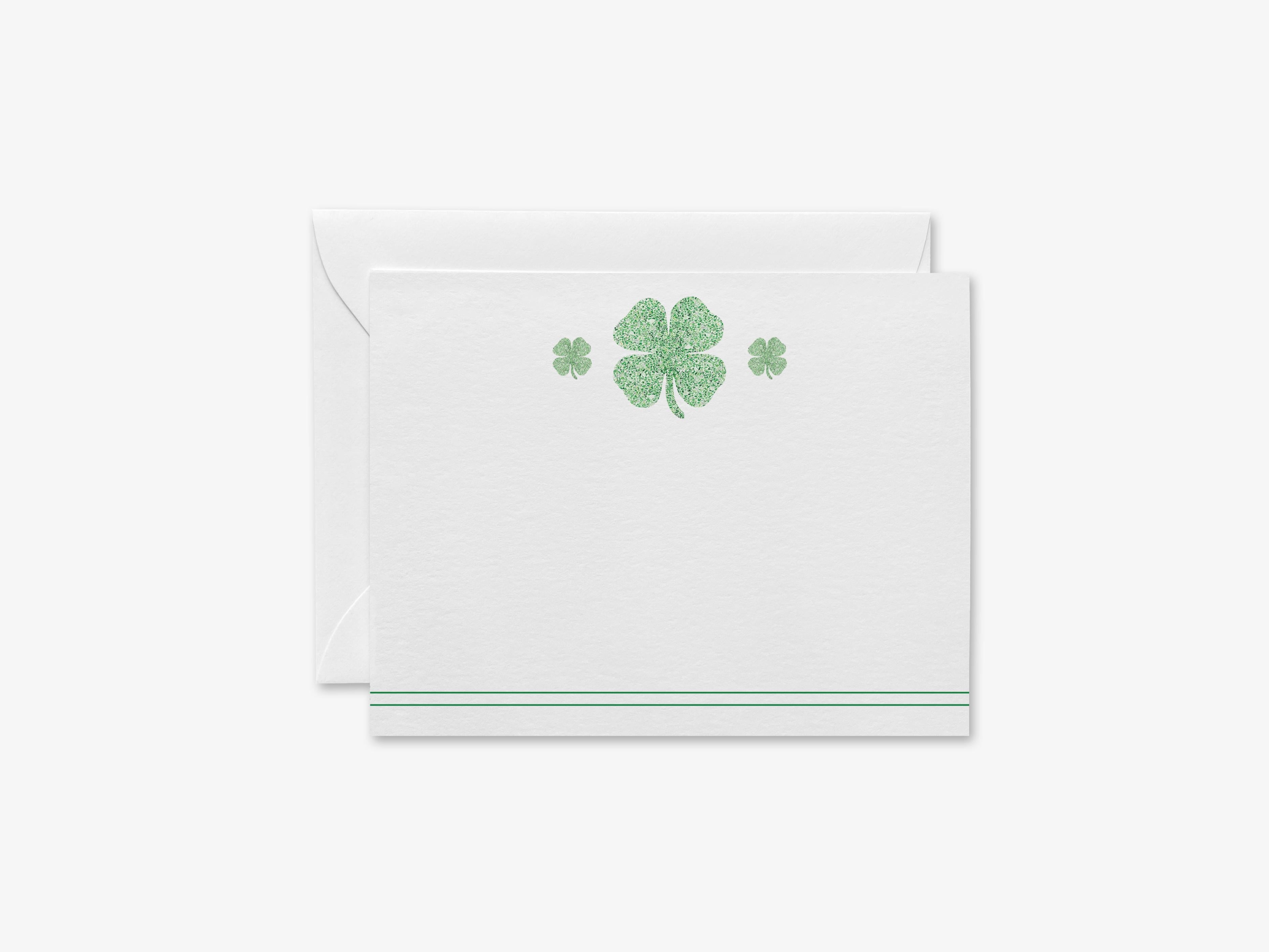 Shamrock Pattern Flat Notes [Sets of 8]-These flat notecards are 4.25x5.5 and feature our hand-painted watercolor four leaf clover, printed in the USA on 120lb textured stock. They come with white envelopes and make great thank yous and gifts for the shamrock lover in your life.-The Singing Little Bird