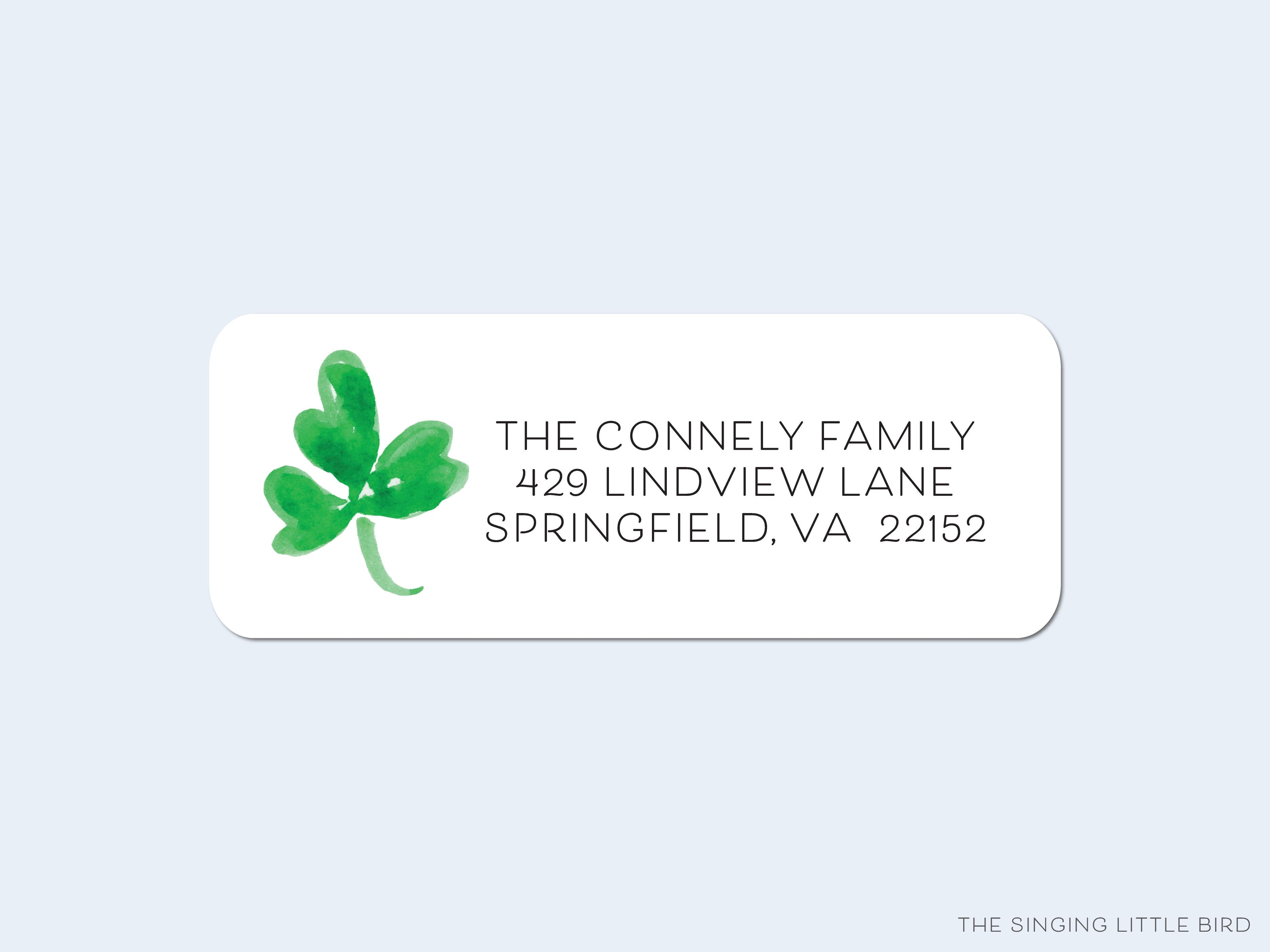 Shamrock Return Address Labels-These personalized return address labels are 2.625" x 1" and feature our hand-painted watercolor three leaf clover, printed in the USA on beautiful matte finish labels. These make great gifts for yourself or the shamrock lover.-The Singing Little Bird