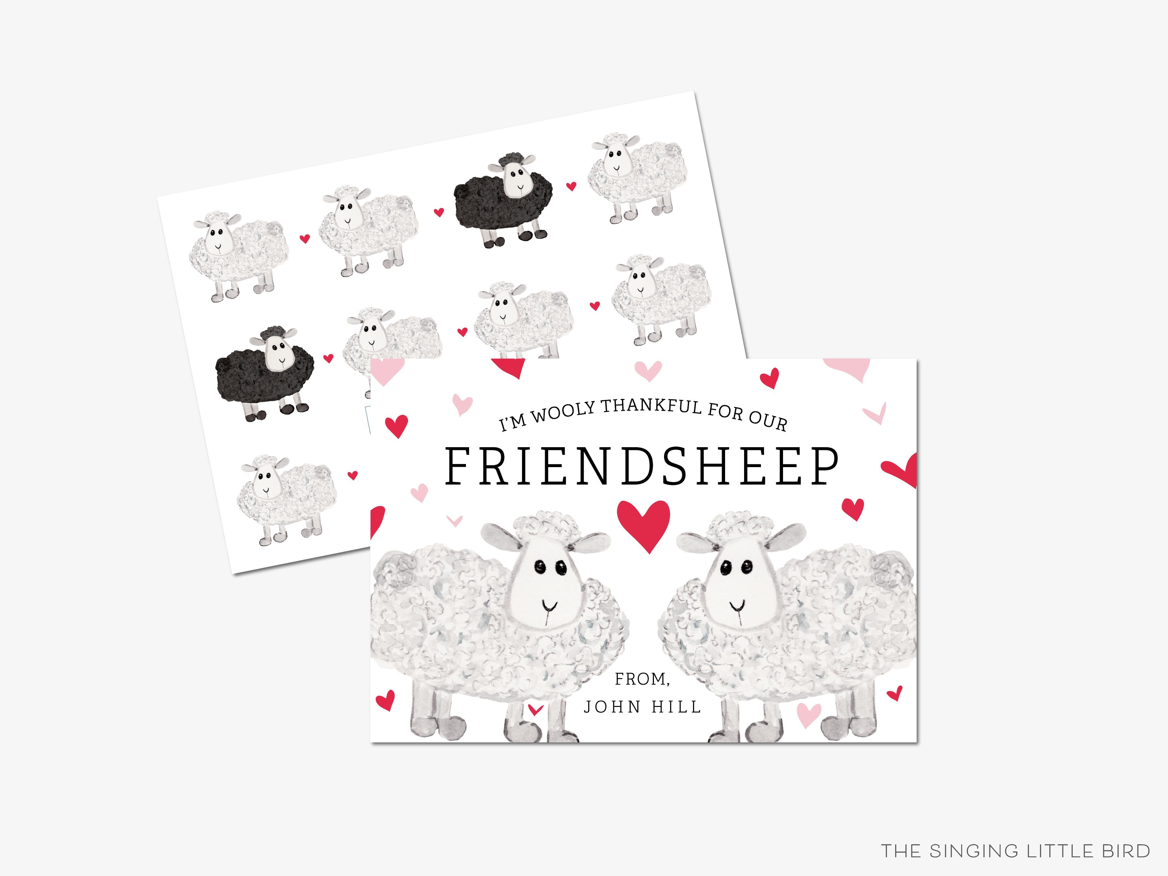 Sheep Valentine's Day Cards-These personalized flat notecards are 3.5" x 4.875 and feature our hand-painted watercolor sheep, printed in the USA on 120lb textured stock. They come with white envelopes and make great Valentine's Day cards for kids and farm animal lovers in your life.-The Singing Little Bird
