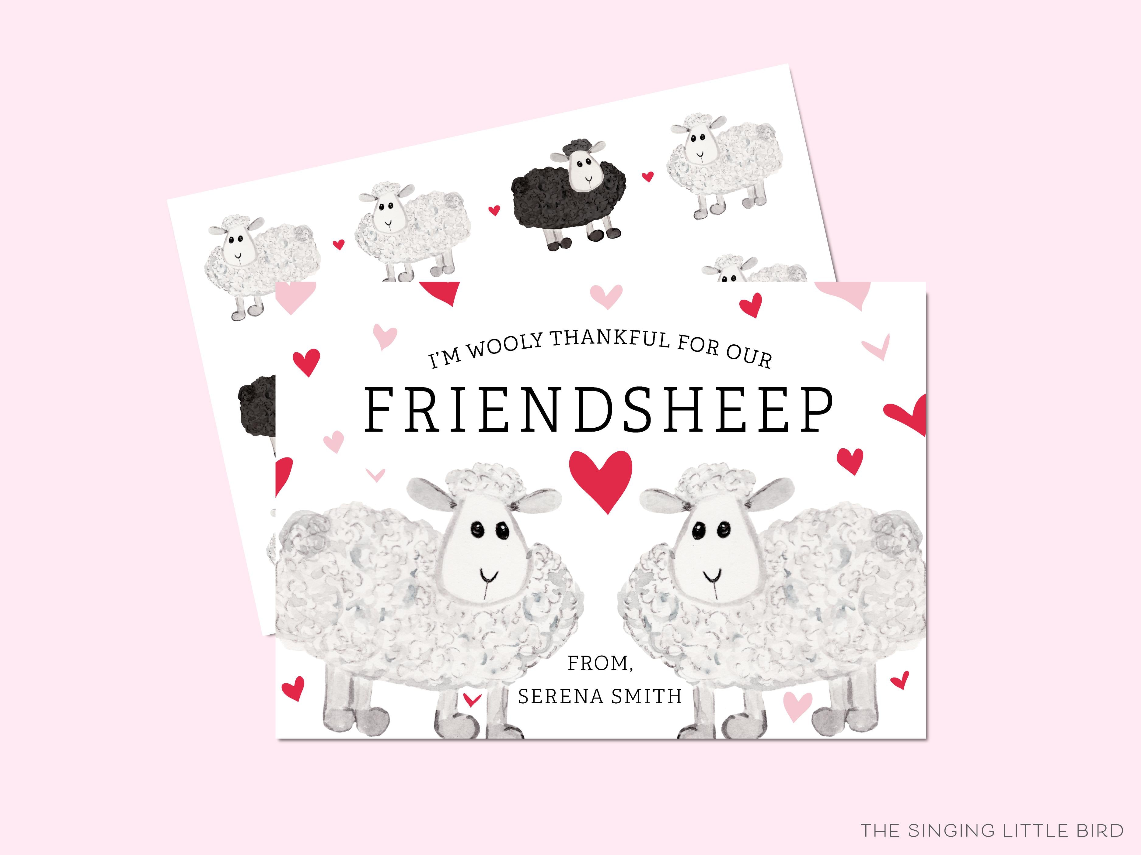 Sheep Valentine's Day Cards-These personalized flat notecards are 3.5" x 4.875 and feature our hand-painted watercolor sheep, printed in the USA on 120lb textured stock. They come with white envelopes and make great Valentine's Day cards for kids and farm animal lovers in your life.-The Singing Little Bird