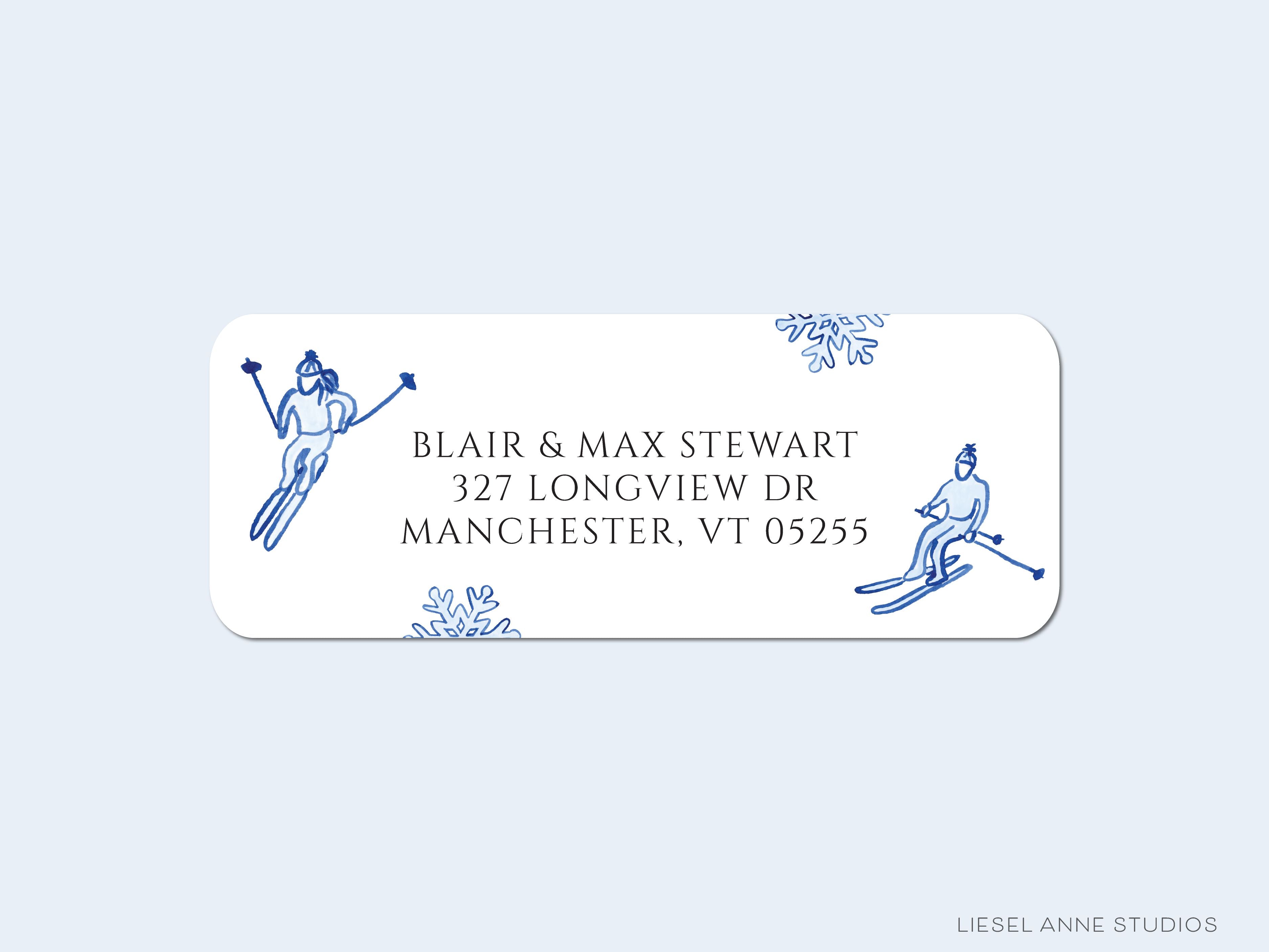 Skier Blue and White Return Address Labels-These personalized return address labels are 2.625" x 1" and feature our hand-painted watercolor blue skiers and snowflakes, printed in the USA on beautiful matte finish labels. These make great gifts for yourself or the ski slopes lover.-The Singing Little Bird