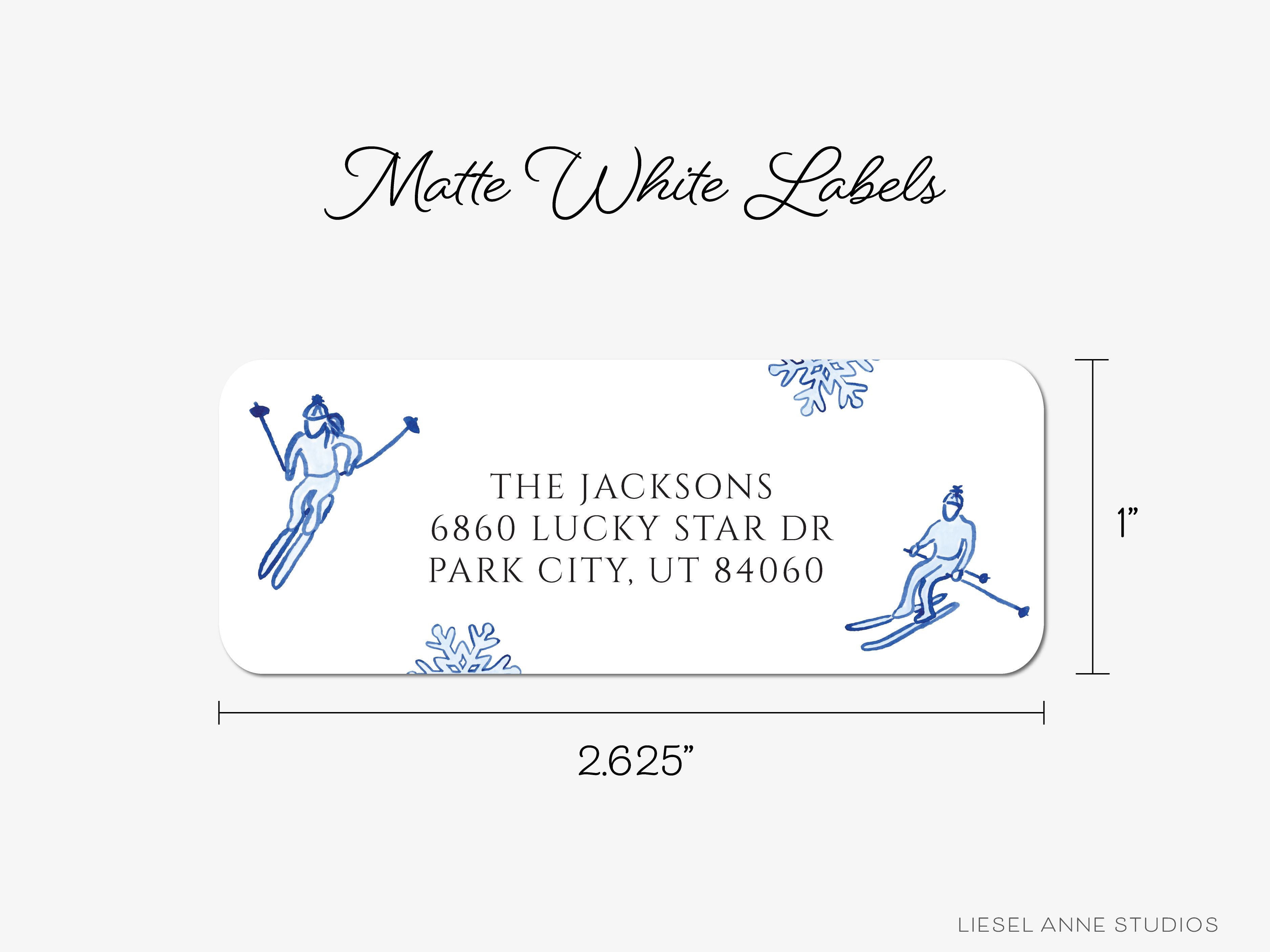 Skier Blue and White Return Address Labels-These personalized return address labels are 2.625" x 1" and feature our hand-painted watercolor blue skiers and snowflakes, printed in the USA on beautiful matte finish labels. These make great gifts for yourself or the ski slopes lover.-The Singing Little Bird