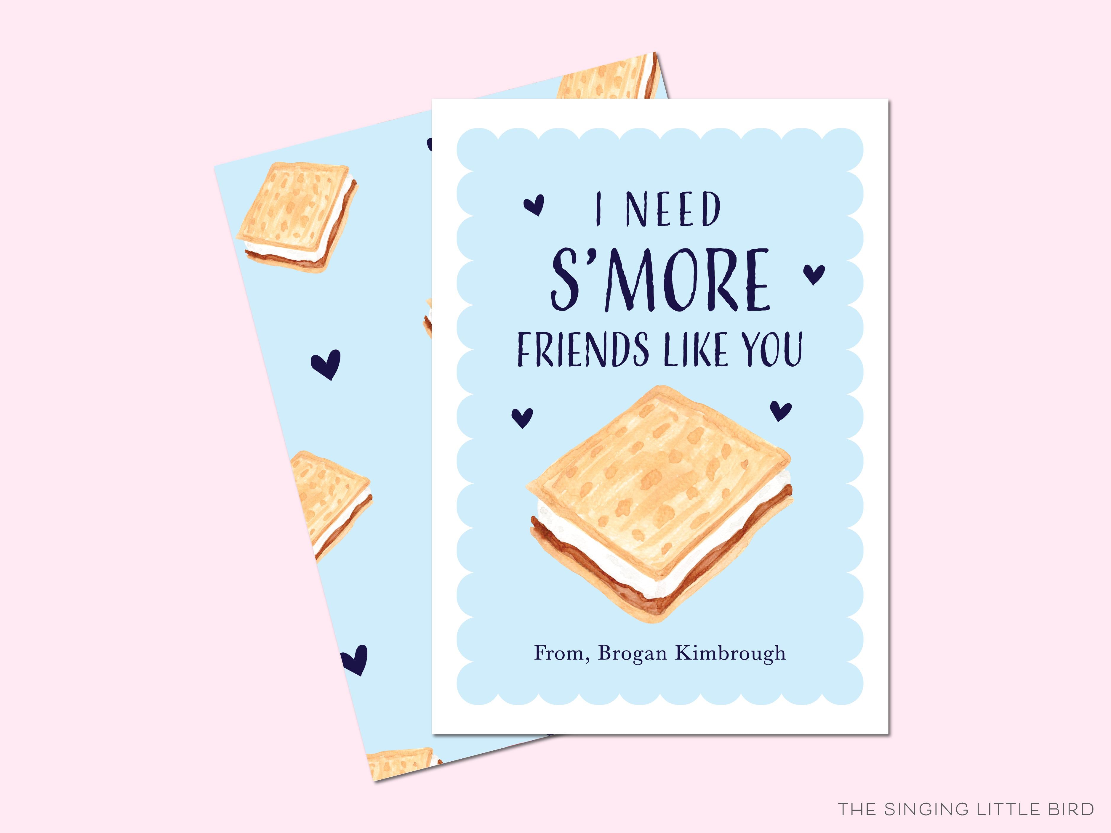 S'more Pun Valentine's Day Cards-These personalized flat notecards are 3.5" x 4.875 and feature our hand-painted watercolor s'more, printed in the USA on 120lb textured stock. They come with white envelopes and make great Valentine's Day cards for kids and sweet tooth lovers in your life.-The Singing Little Bird