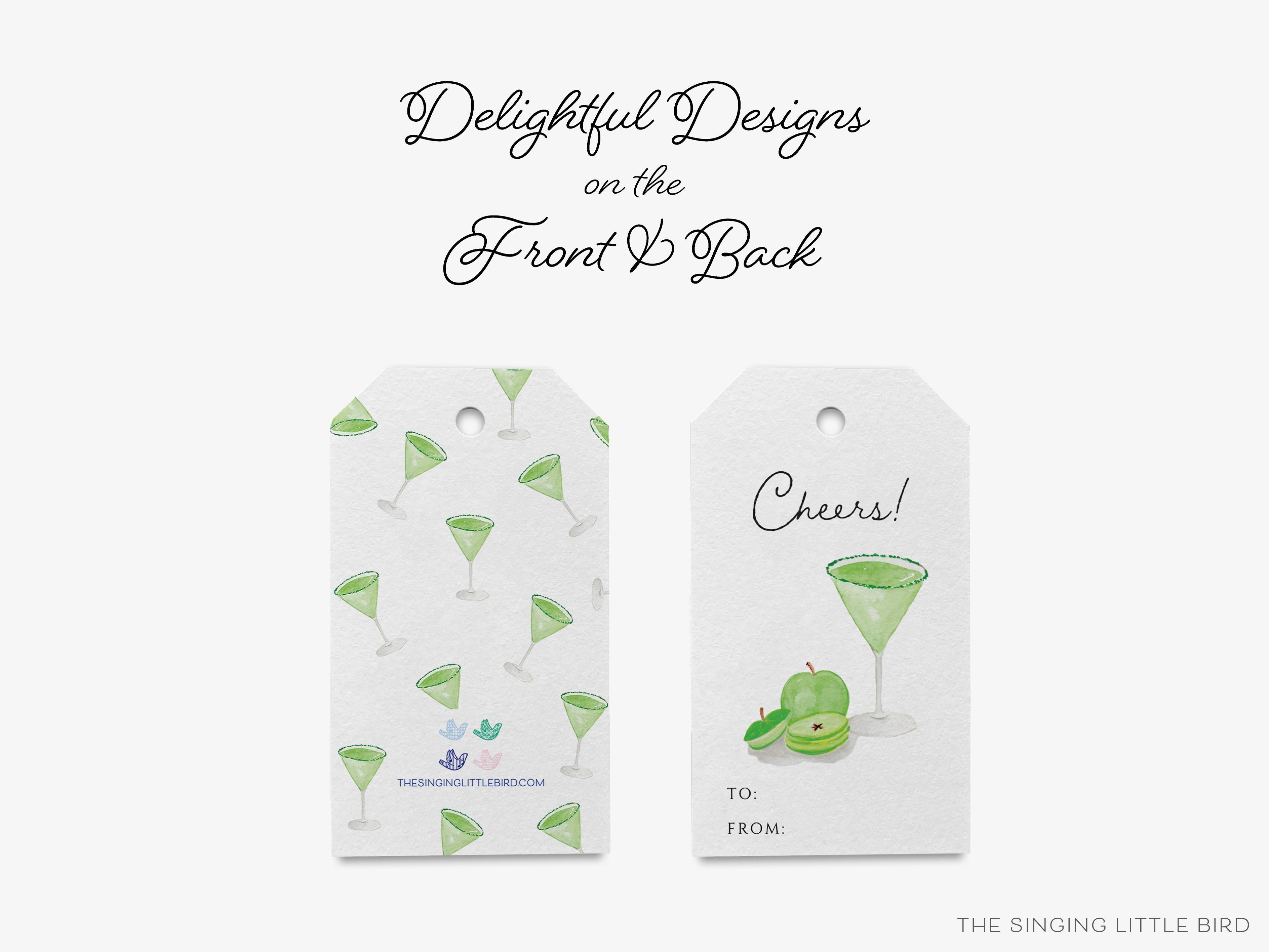 Sour Apple Martini Cheers Gift Tags [Set of 8]-These gift tags come in sets, hole-punched with white twine and feature our hand-painted watercolor apple and martini glass, printed in the USA on 120lb textured stock. They make great tags for gifting or gifts for the cocktail lover in your life.-The Singing Little Bird