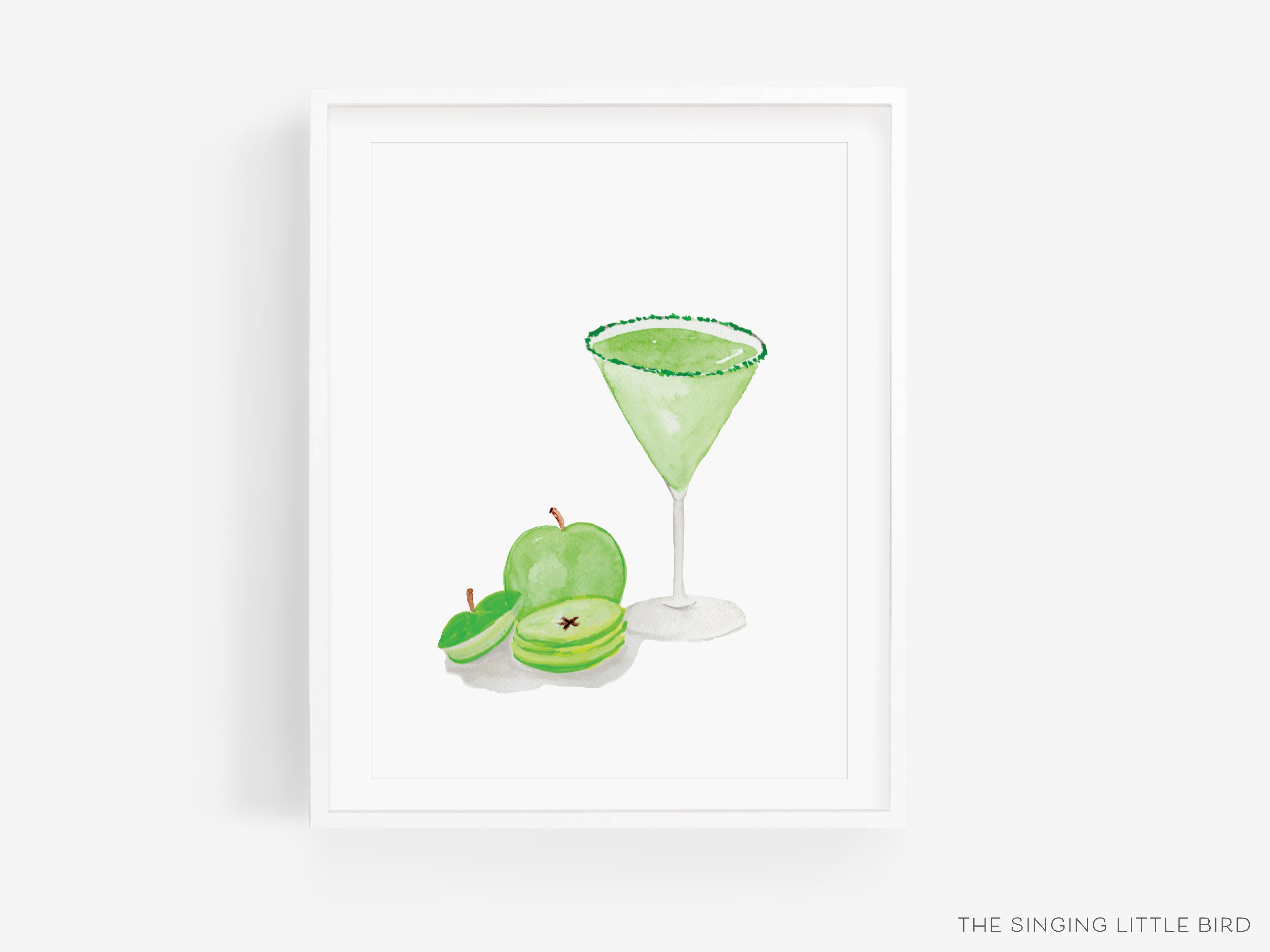 Sour Apple Martini Cocktail Art Print-This watercolor art print features our hand-painted apple and martini glass, printed in the USA on 120lb high quality art paper. This makes a great gift or wall decor for the cocktail lover in your life.-The Singing Little Bird
