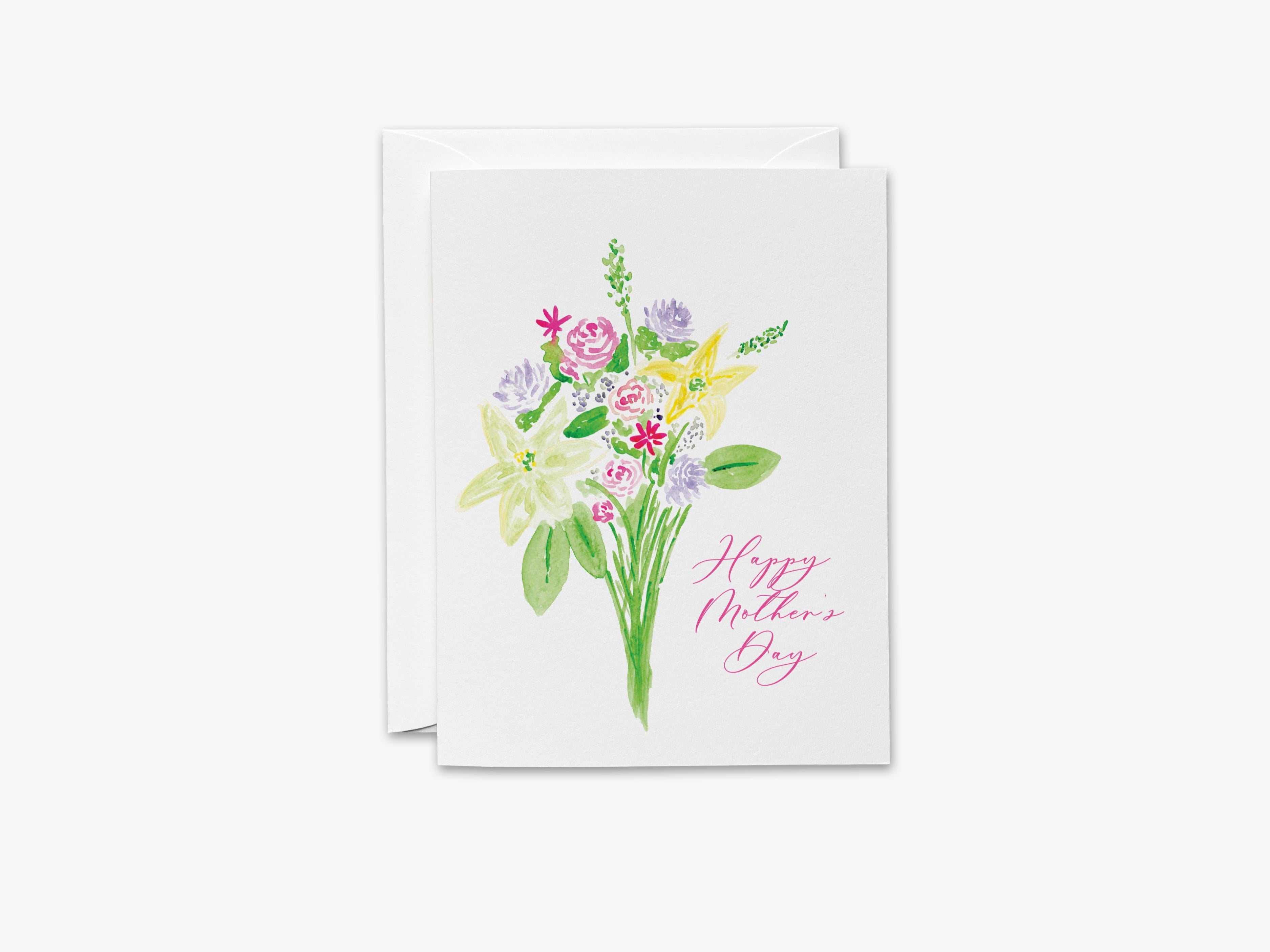 Spring Bouquet Mother's Day Greeting Card-These folded greeting cards are 4.25x5.5 and feature our hand-painted flower bouquet, printed in the USA on 100lb textured stock. They come with a White envelope and make a great Mother's Day card for the mom in your life.-The Singing Little Bird