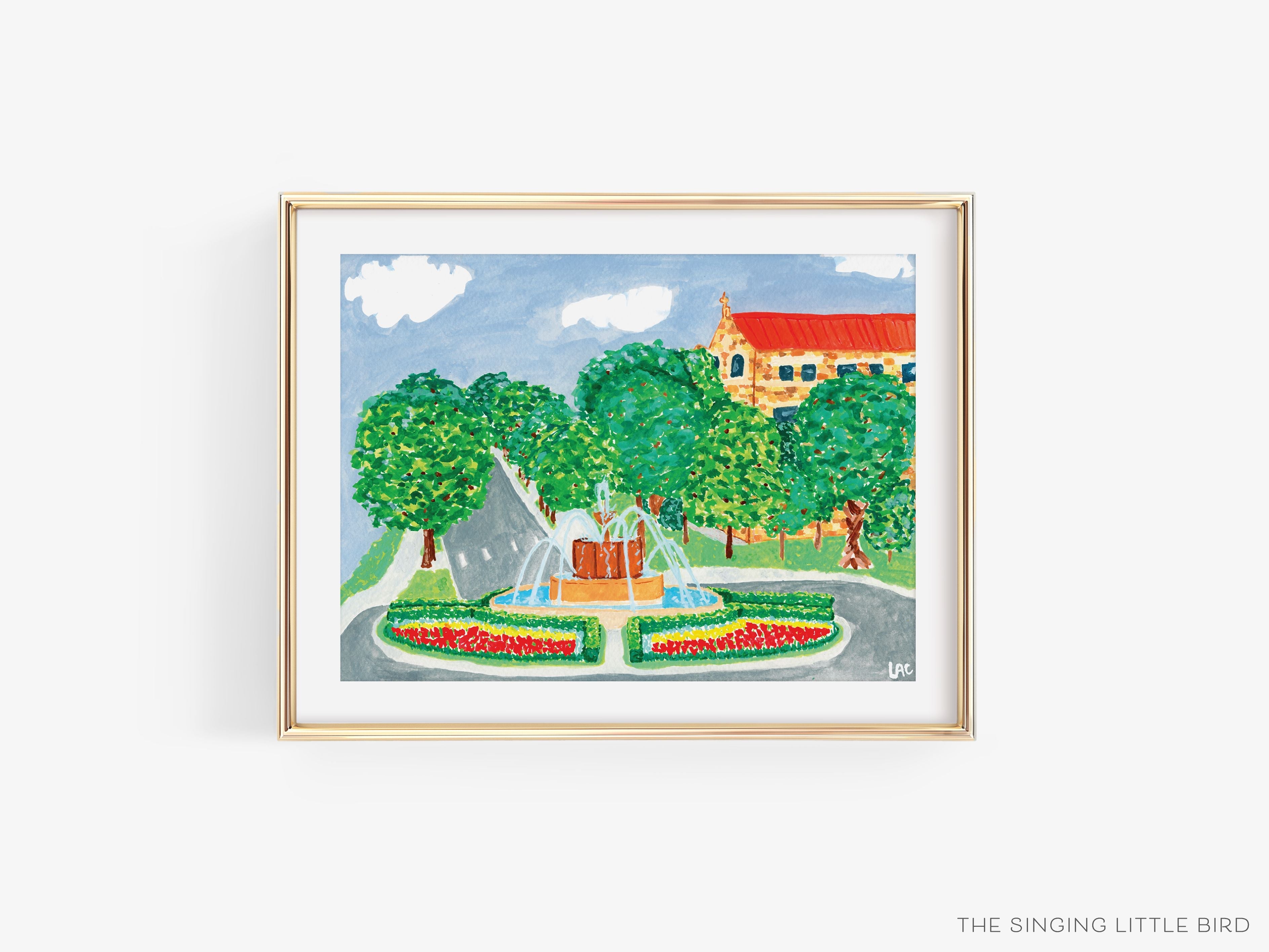 Spring Chi-Omega Fountain KU Art Print [Officially Licensed Product]-This watercolor art print features our hand-painted Chi-Omega Fountain on The University of Kansas campus, printed in the USA on 120lb high quality art paper. This makes a great gift or wall decor for the KU student or alumnus in your life.-The Singing Little Bird