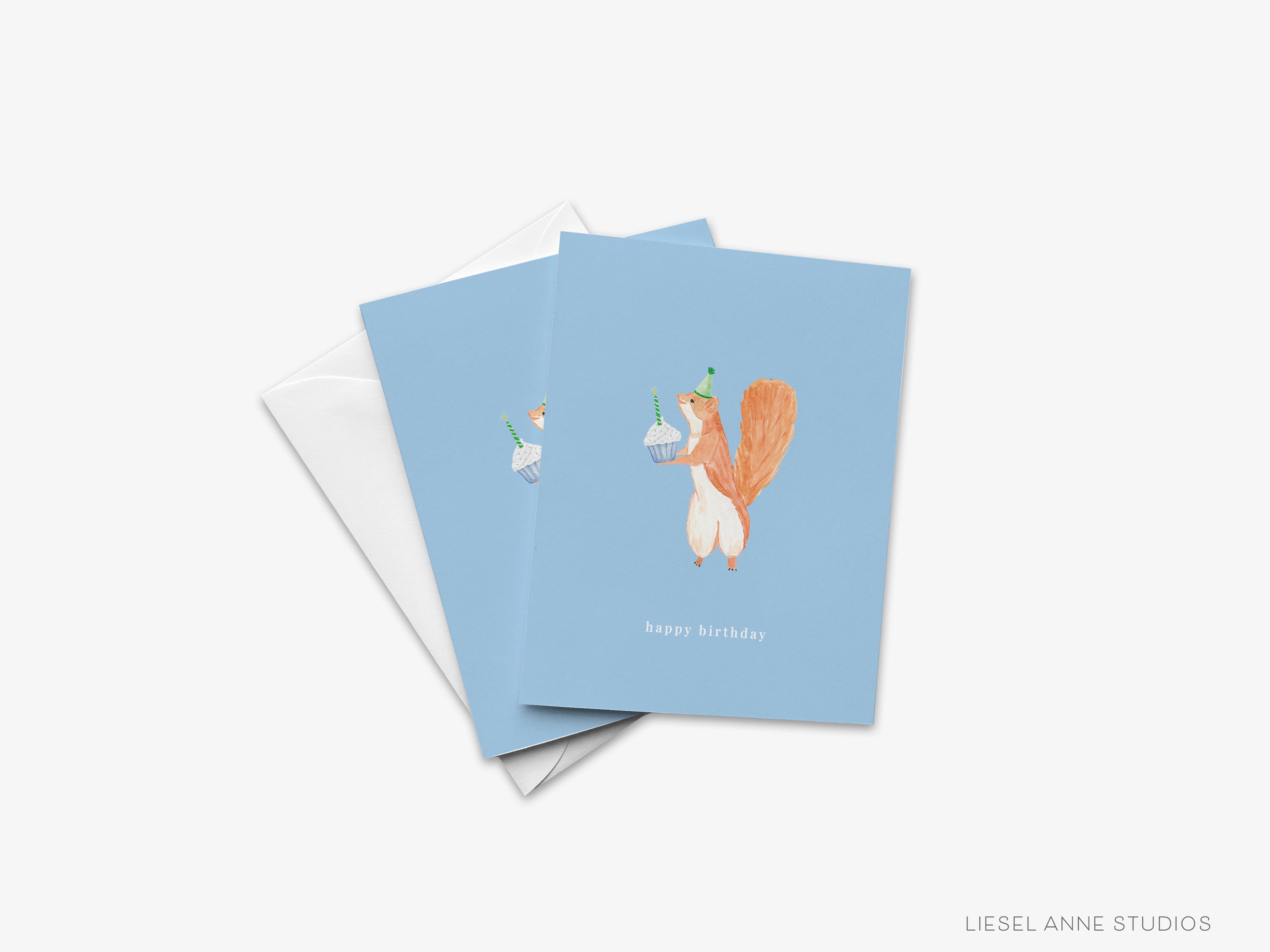 Squirrel Birthday Card-These folded cheers cards are 4.25x5.5 and feature our hand-painted watercolor squirrel and cupcake, printed in the USA on 100lb textured stock. They come with a white envelope and make a great birthday card for the animal lover in your life.-The Singing Little Bird