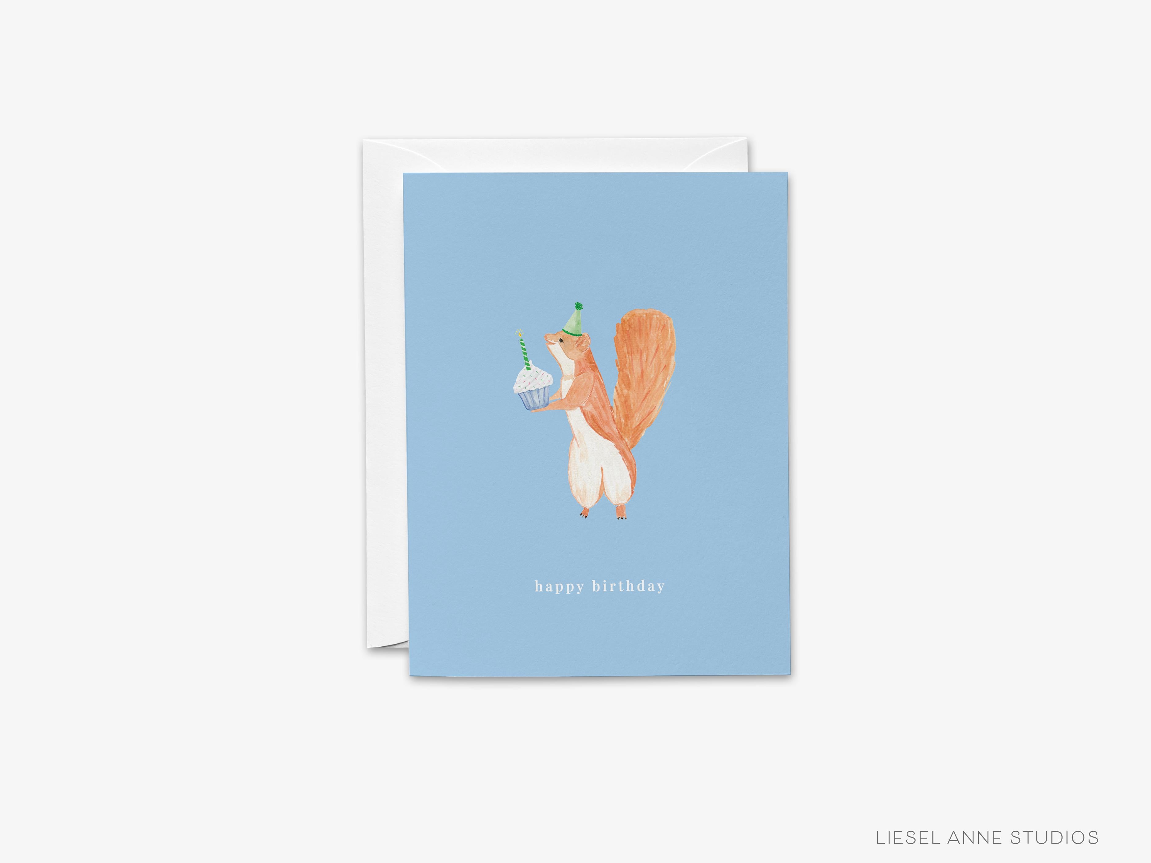 Squirrel Birthday Card-These folded cheers cards are 4.25x5.5 and feature our hand-painted watercolor squirrel and cupcake, printed in the USA on 100lb textured stock. They come with a white envelope and make a great birthday card for the animal lover in your life.-The Singing Little Bird