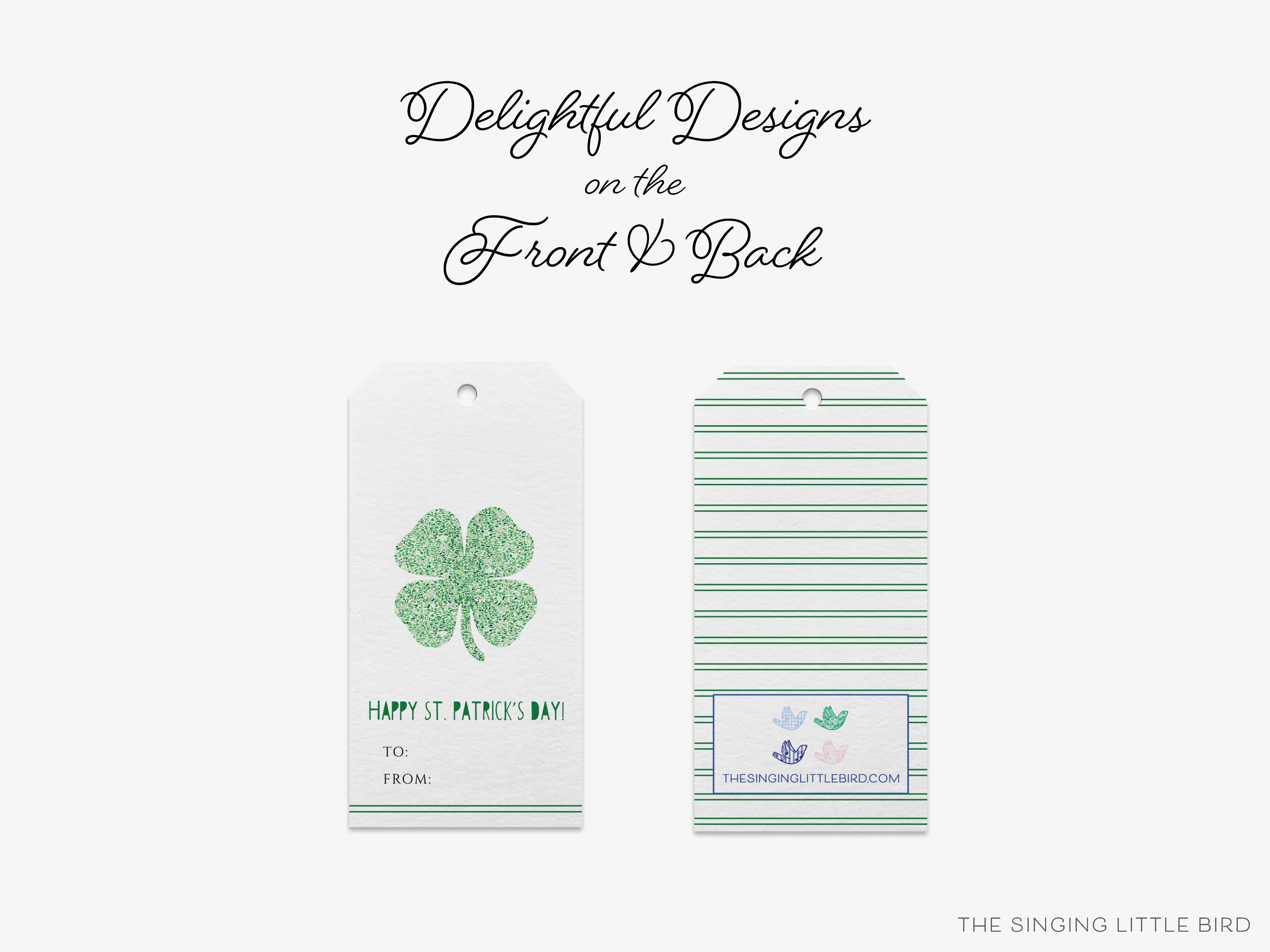 St. Patrick's Day Gift Tags [Set of 8]-These gift tags come in sets, hole-punched with white twine and feature our hand-painted watercolor four leaf clovers, printed in the USA on 120lb textured stock. They make great tags for gifting or gifts for the shamrock lover in your life.-The Singing Little Bird