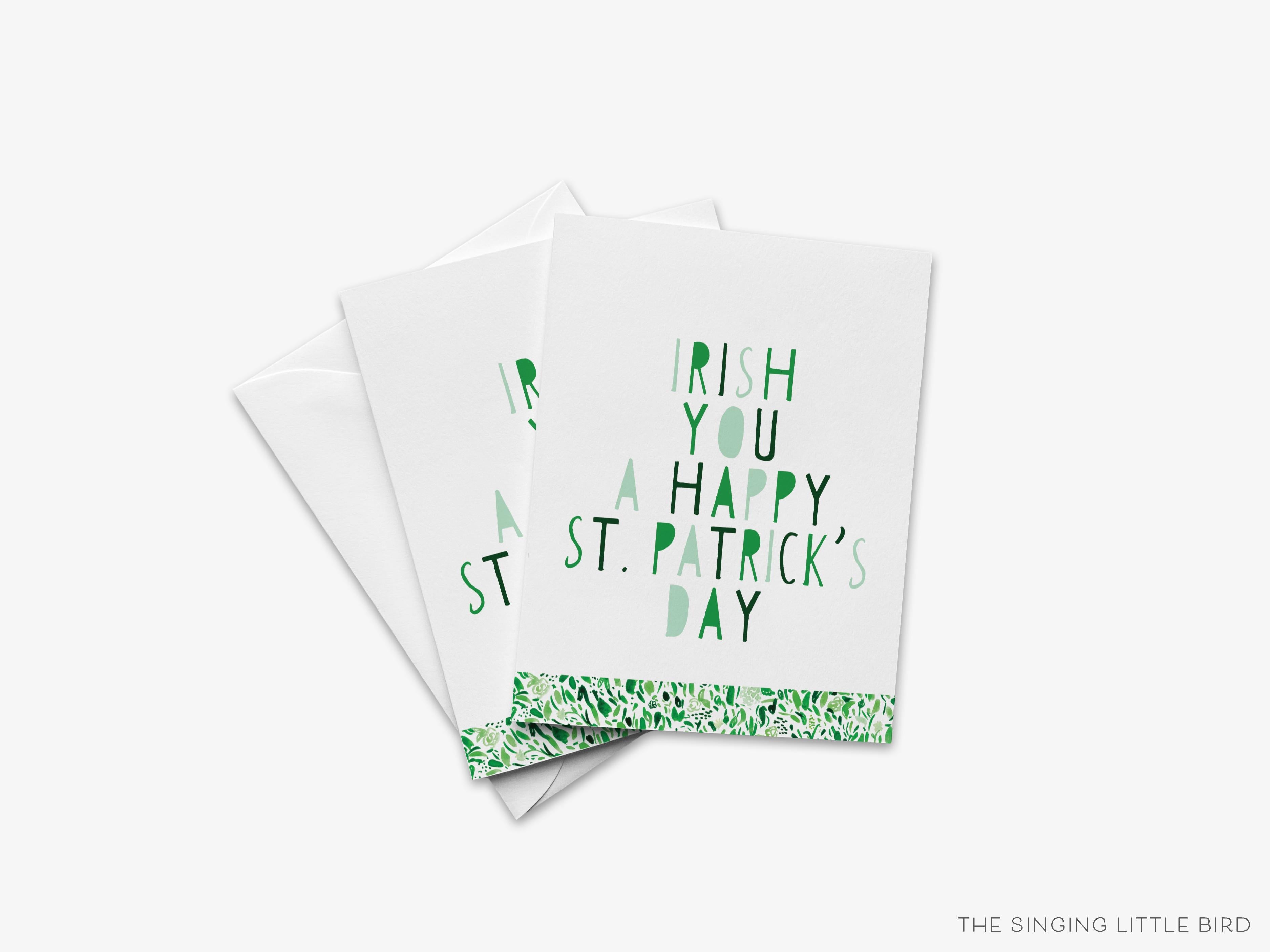 St. Patrick's Day Pun Greeting Card-These folded spring cards are 4.25x5.5 and feature our hand-painted watercolor green pattern and print, printed in the USA on 100lb textured stock. They come with a White envelope and make a lovely card to say a punny Happy St. Patrick's Day with to your family and friends. -The Singing Little Bird