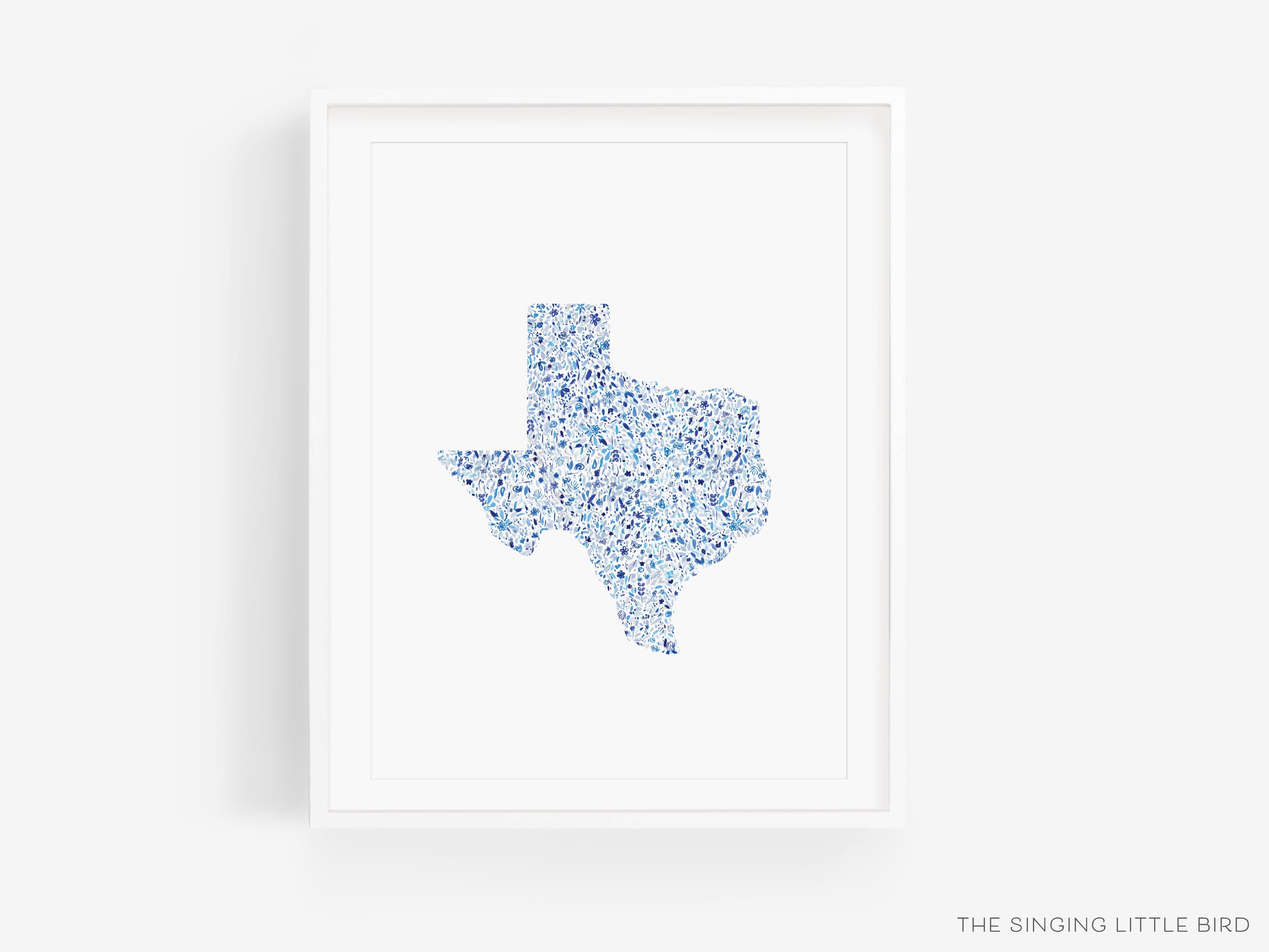State of Texas Art Print-This watercolor art print features our hand-painted floral pattern in the shape of Texas, printed in the USA on 120lb high quality art paper. This makes a great gift or wall decor for the Texan lover in your life.-The Singing Little Bird