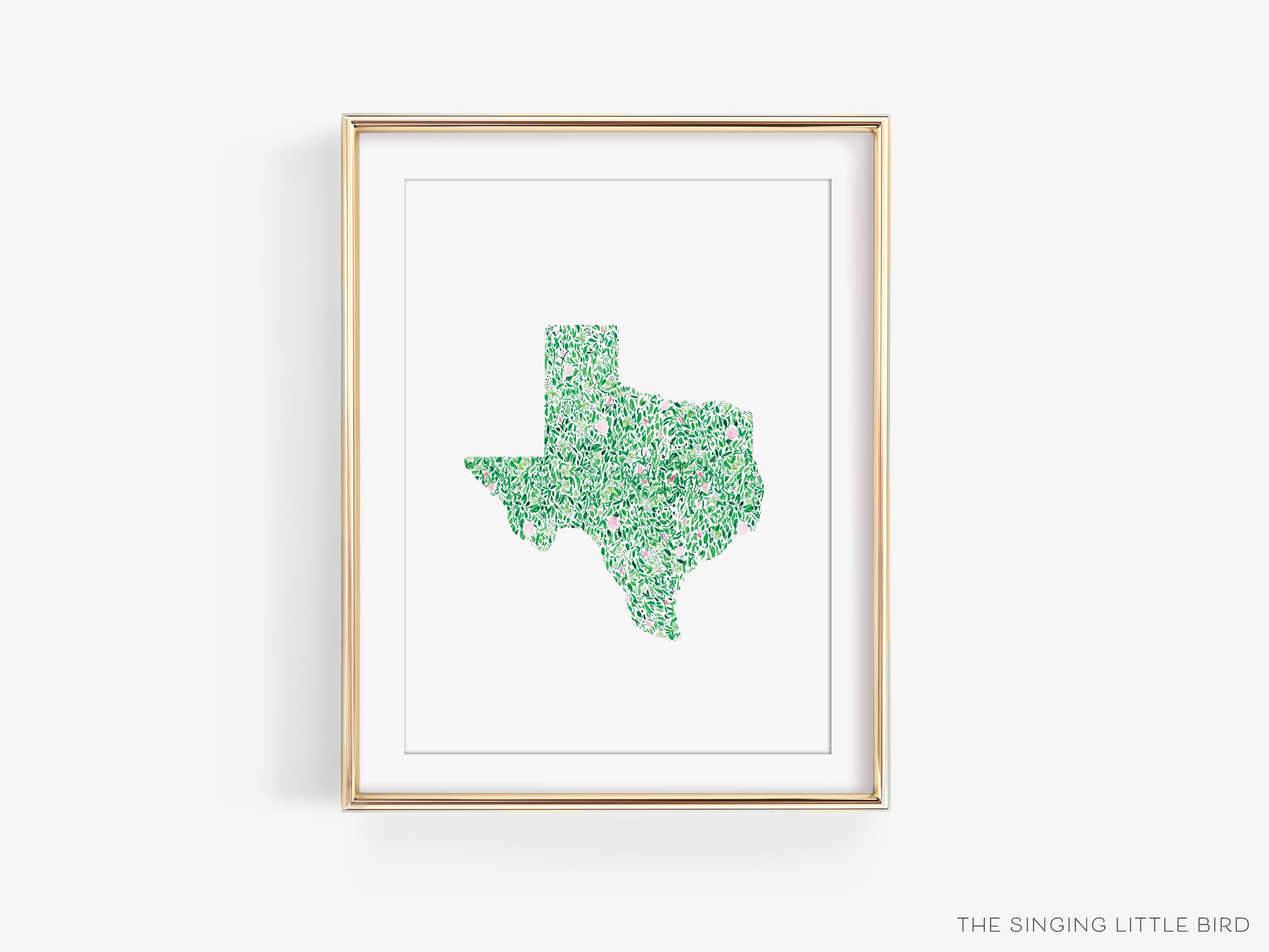 State of Texas Art Print-This watercolor art print features our hand-painted floral pattern in the shape of Texas, printed in the USA on 120lb high quality art paper. This makes a great gift or wall decor for the Texan lover in your life.-The Singing Little Bird