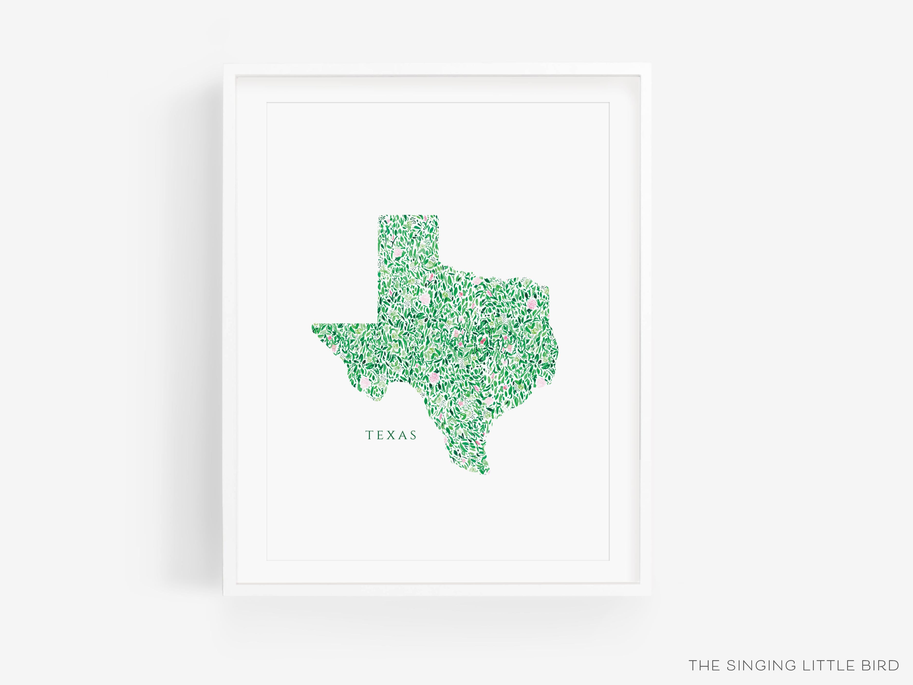 State of Texas with Text Art Print-This watercolor art print features our hand-painted floral pattern in the shape of Texas, printed in the USA on 120lb high quality art paper. This makes a great gift or wall decor for the Texan lover in your life.-The Singing Little Bird