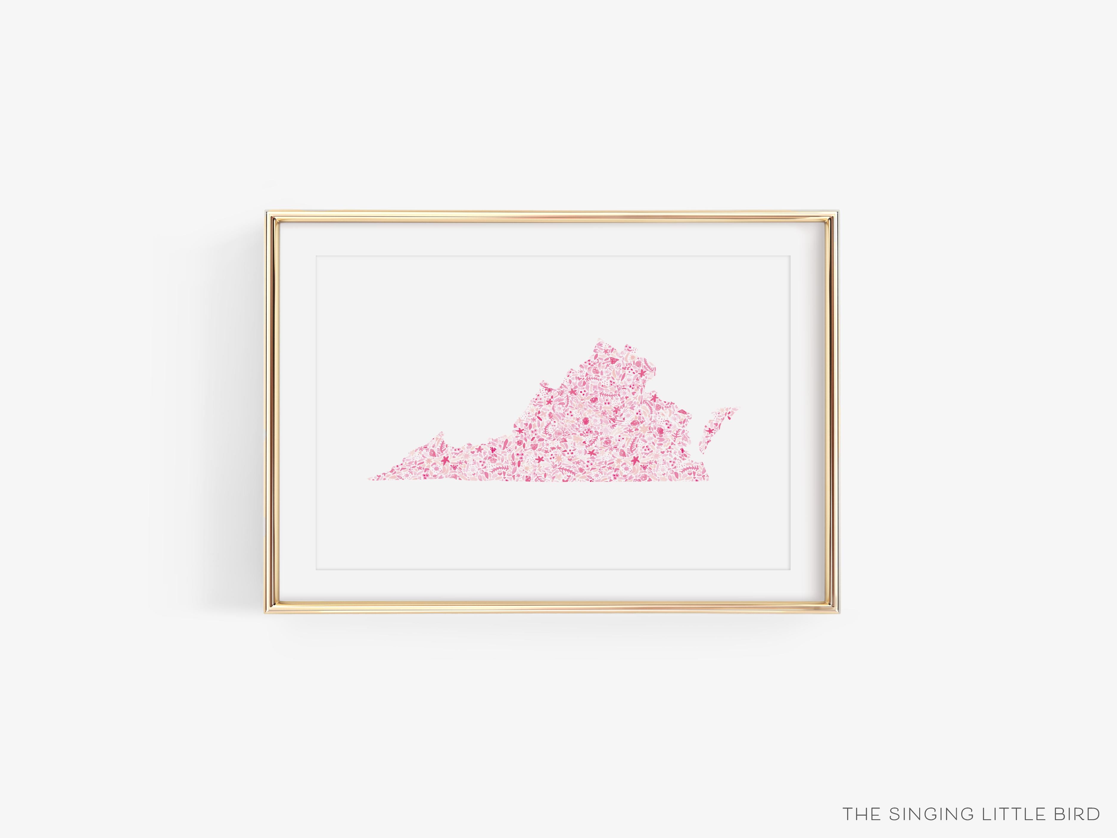 State of Virginia Art Print-This watercolor art print features our hand-painted floral pattern in the shape of Virginia, printed in the USA on 120lb high quality art paper. This makes a great gift or wall decor for the Virginian lover in your life.-The Singing Little Bird