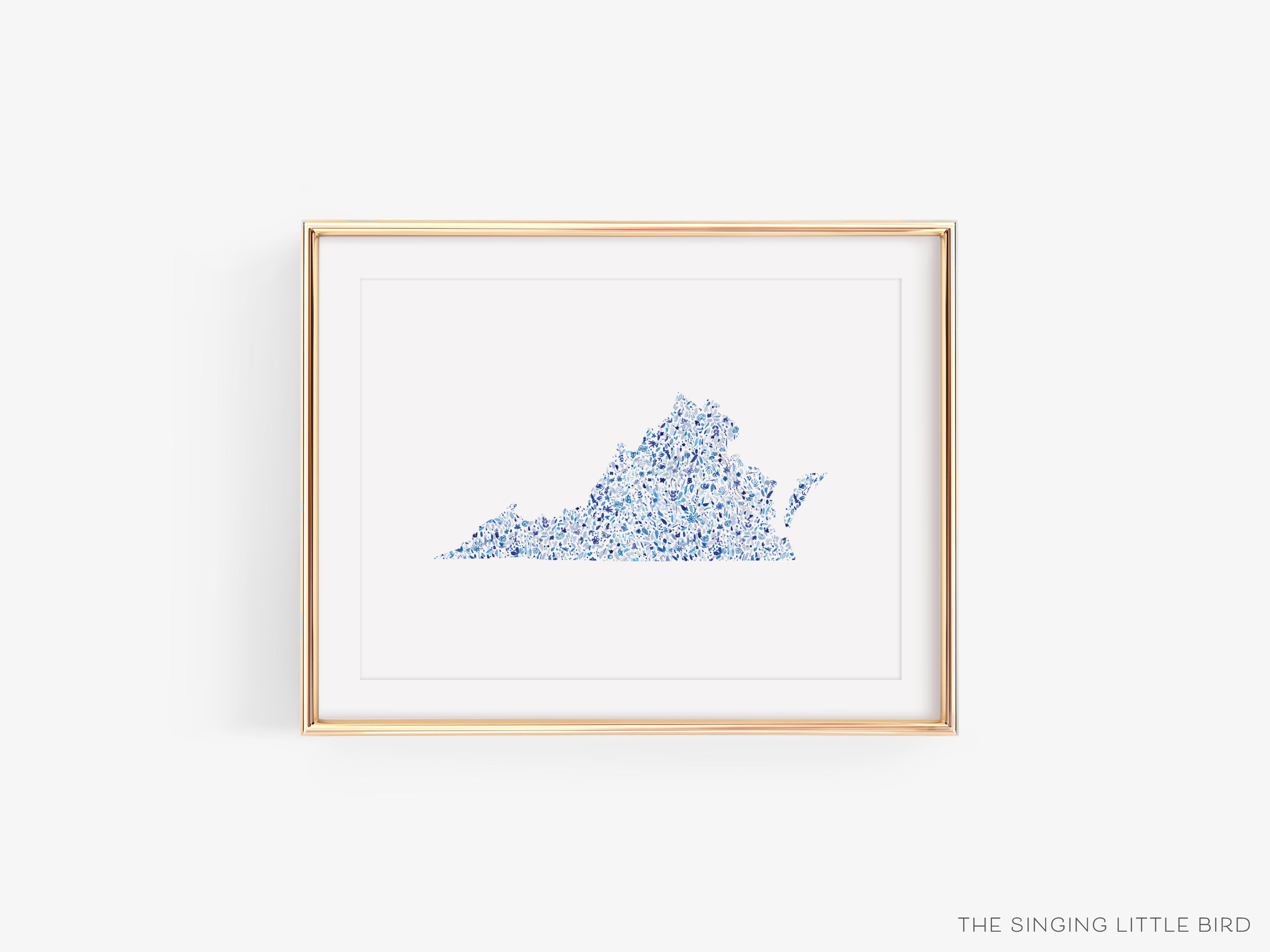 State of Virginia Art Print-This watercolor art print features our hand-painted floral pattern in the shape of Virginia, printed in the USA on 120lb high quality art paper. This makes a great gift or wall decor for the Virginian lover in your life.-The Singing Little Bird