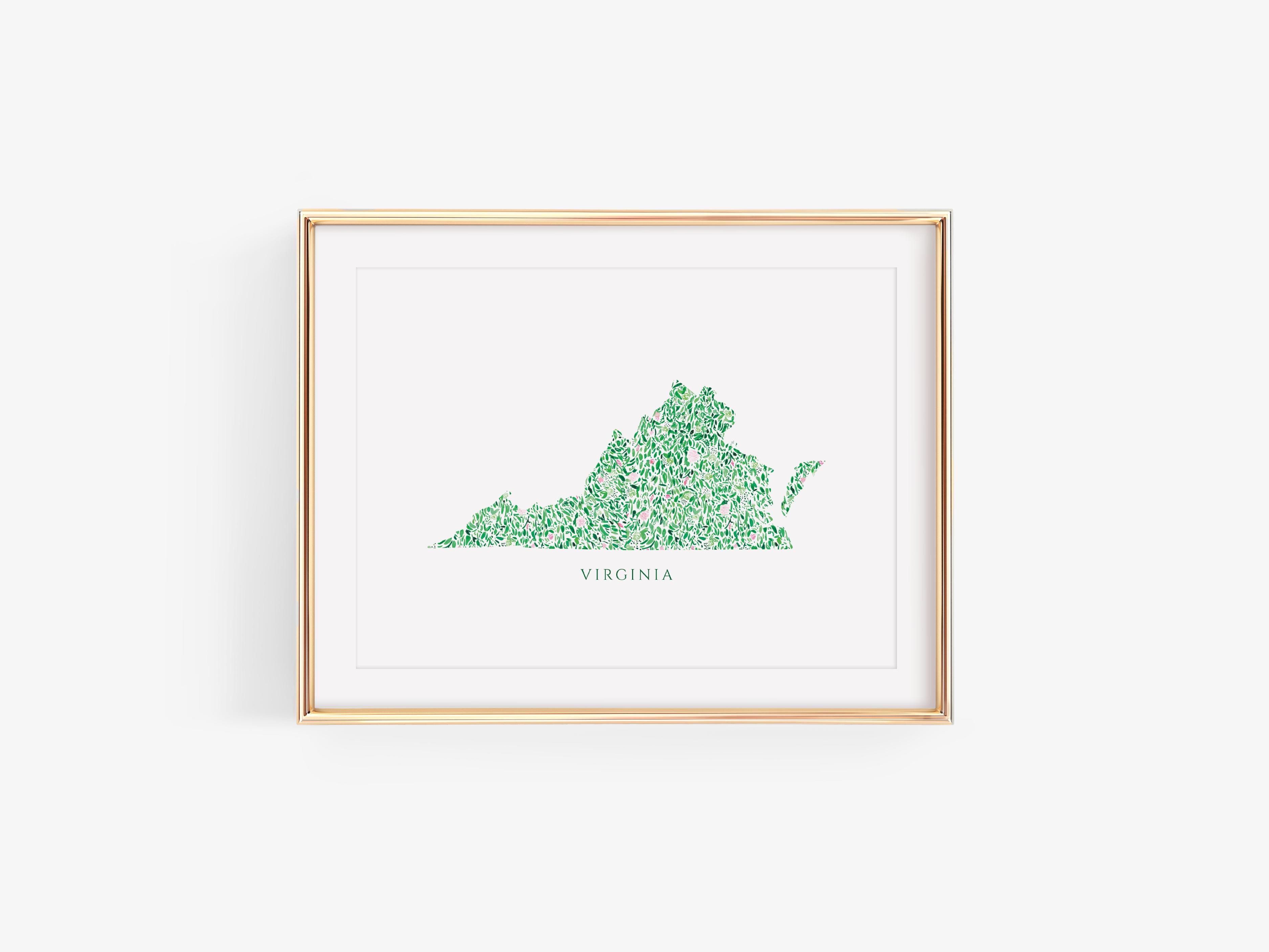 State of Virginia with Text Art Print-This watercolor art print features our hand-painted floral pattern in the shape of Virginia, printed in the USA on 120lb high quality art paper. This makes a great gift or wall decor for the Virginian lover in your life.-The Singing Little Bird