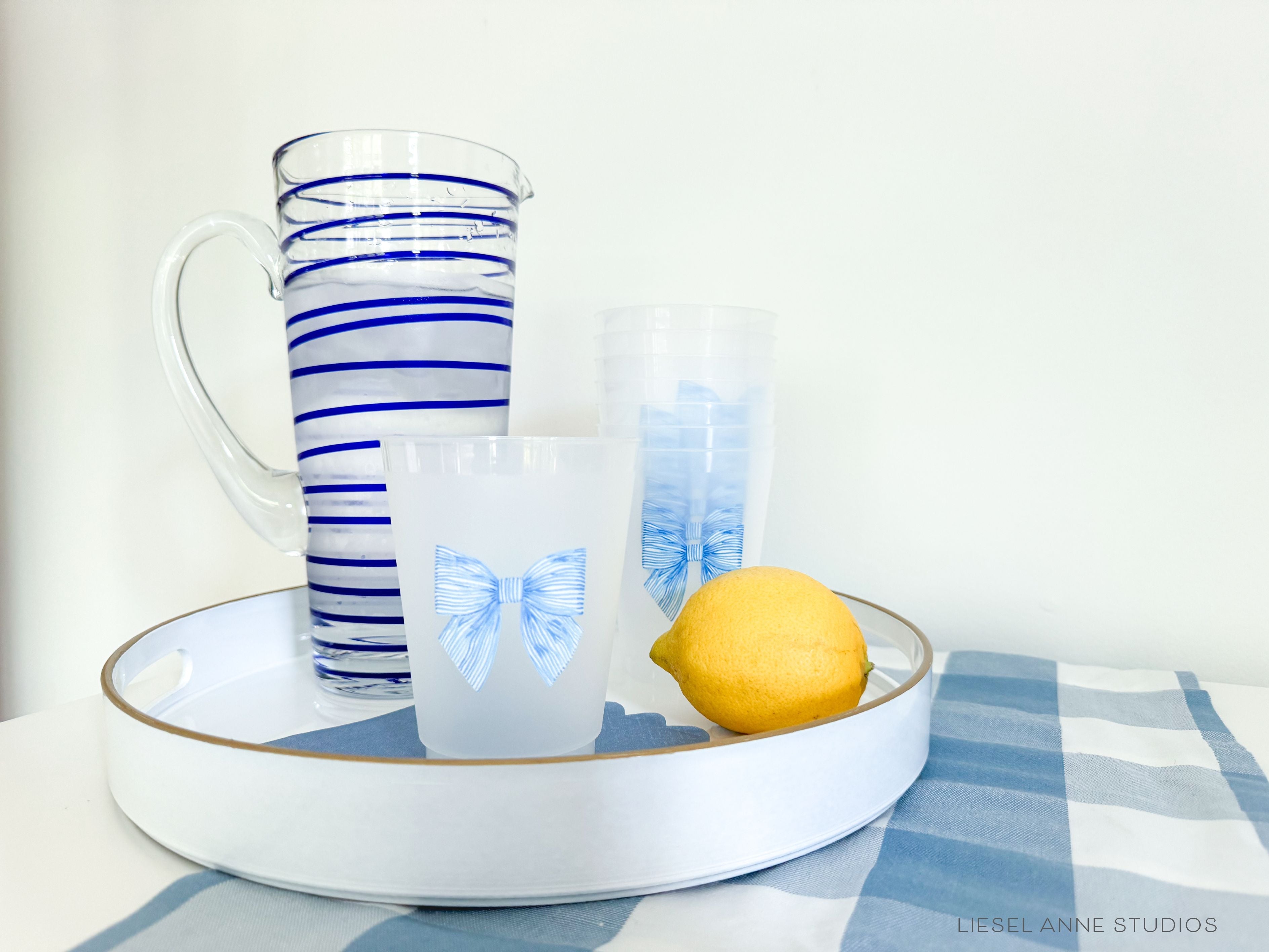 Stiped Blue Bow 16oz Shatterproof Cups [Set of 8]-These shatterproof cups feature our hand-painted striped blue bow and make great party decorations for baby showers, bridal showers, birthdays and more! They come in sets of 8 and are re-usable for other parties to come or make wonderful party favors!-The Singing Little Bird