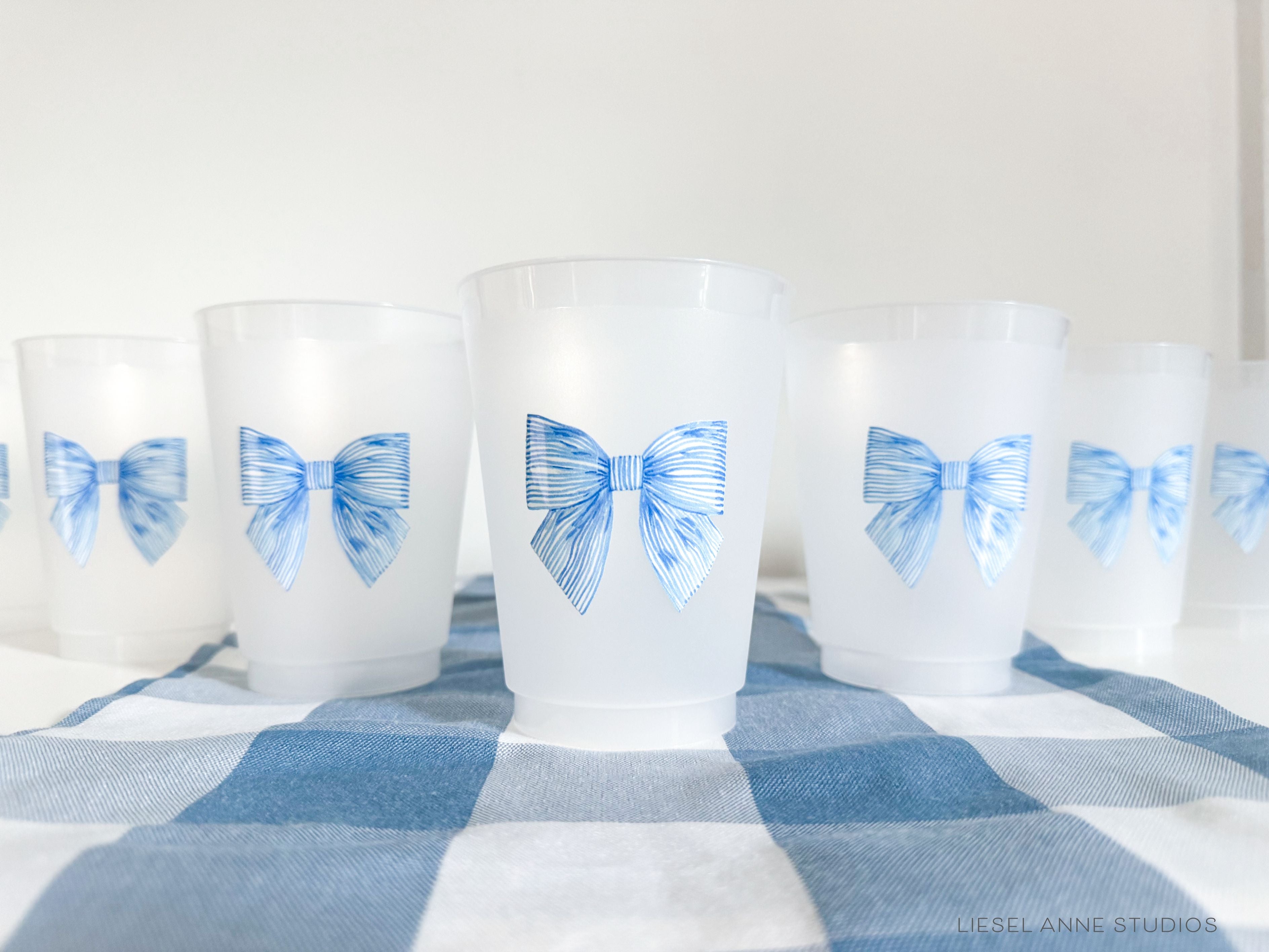 Stiped Blue Bow 16oz Shatterproof Cups [Set of 8]-These shatterproof cups feature our hand-painted striped blue bow and make great party decorations for baby showers, bridal showers, birthdays and more! They come in sets of 8 and are re-usable for other parties to come or make wonderful party favors!-The Singing Little Bird