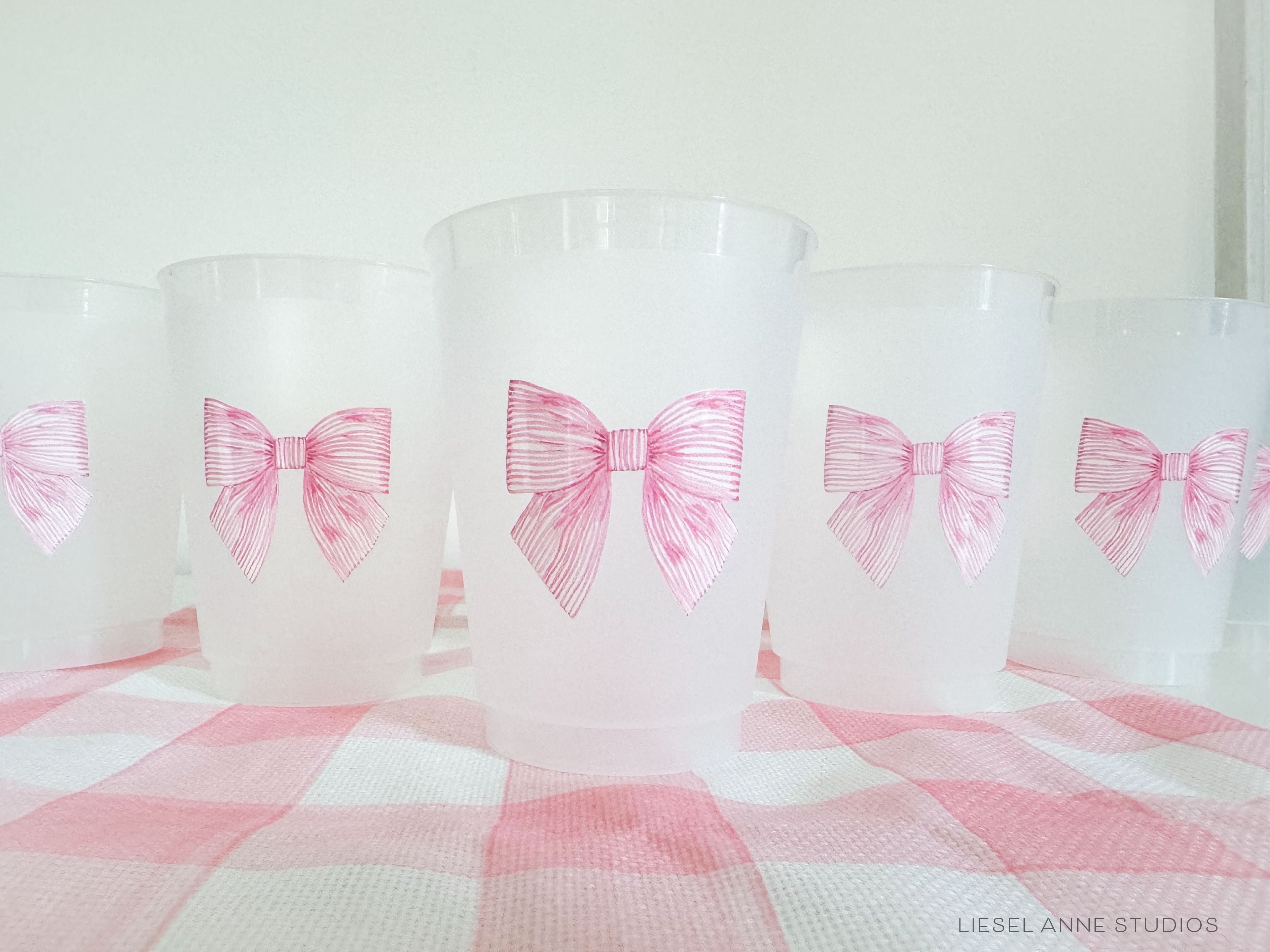 Stiped Pink Bow 16oz Shatterproof Cups [Set of 8]-These shatterproof cups feature our hand-painted striped pink bow and make great party decorations for baby showers, bridal showers, birthdays and more! They come in sets of 8 and are re-usable for other parties to come or make wonderful party favors!-The Singing Little Bird
