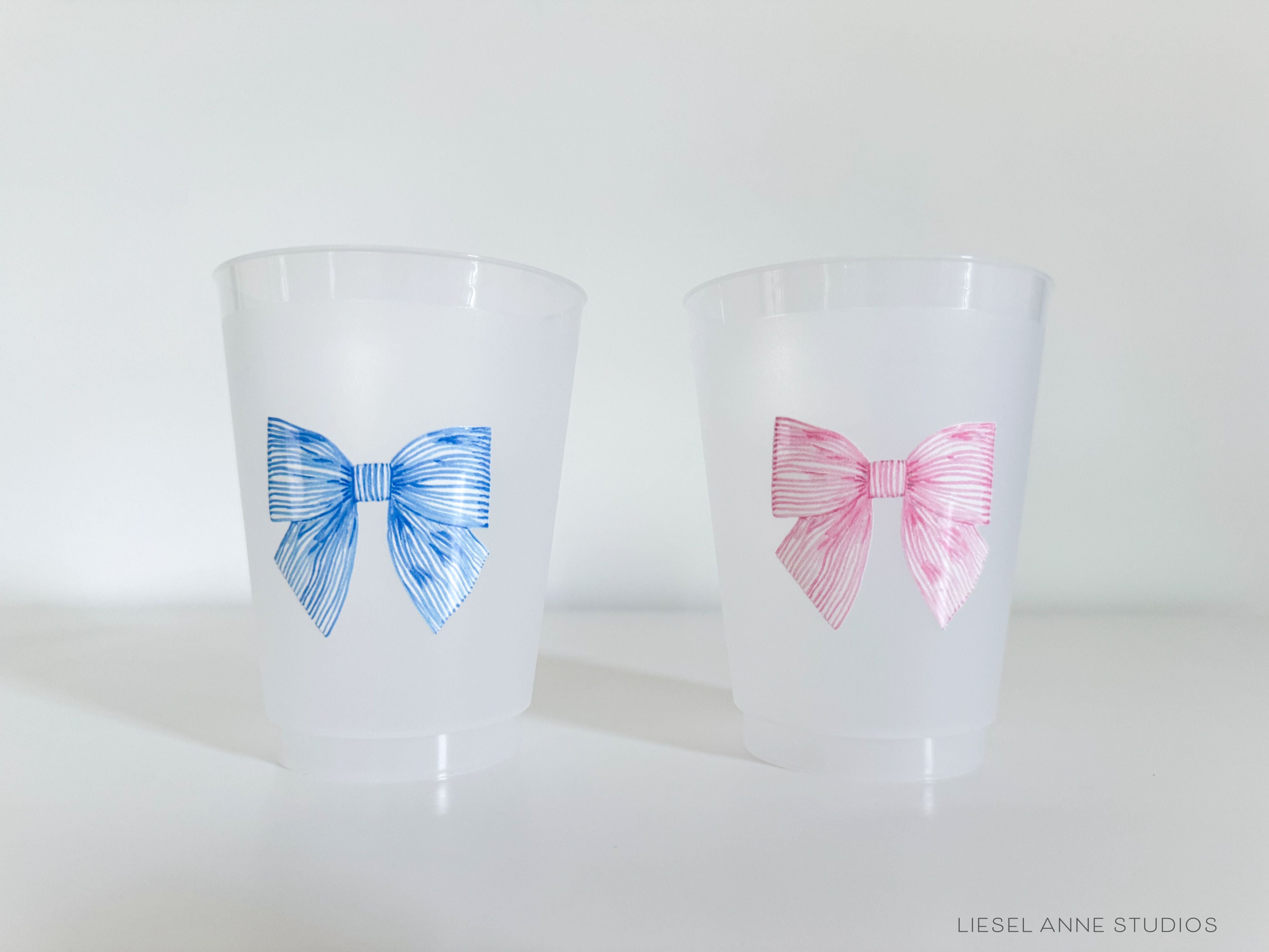 Stiped Pink Bow 16oz Shatterproof Cups [Set of 8]-These shatterproof cups feature our hand-painted striped pink bow and make great party decorations for baby showers, bridal showers, birthdays and more! They come in sets of 8 and are re-usable for other parties to come or make wonderful party favors!-The Singing Little Bird