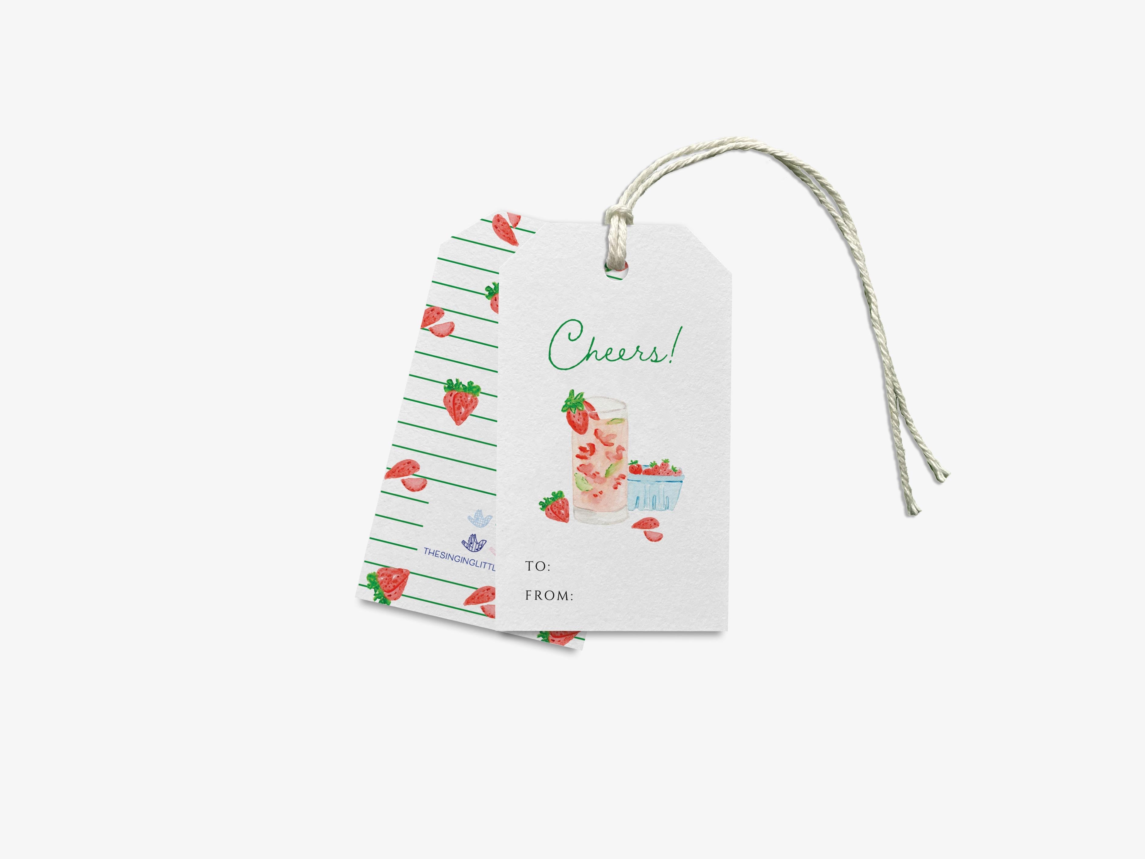 Strawberry Basil Cheers Gift Tags [Set of 8]-These gift tags come in sets, hole-punched with white twine and feature our hand-painted watercolor strawberries and cocktail glass, printed in the USA on 120lb textured stock. They make great tags for gifting or gifts for the cocktail lover in your life.-The Singing Little Bird
