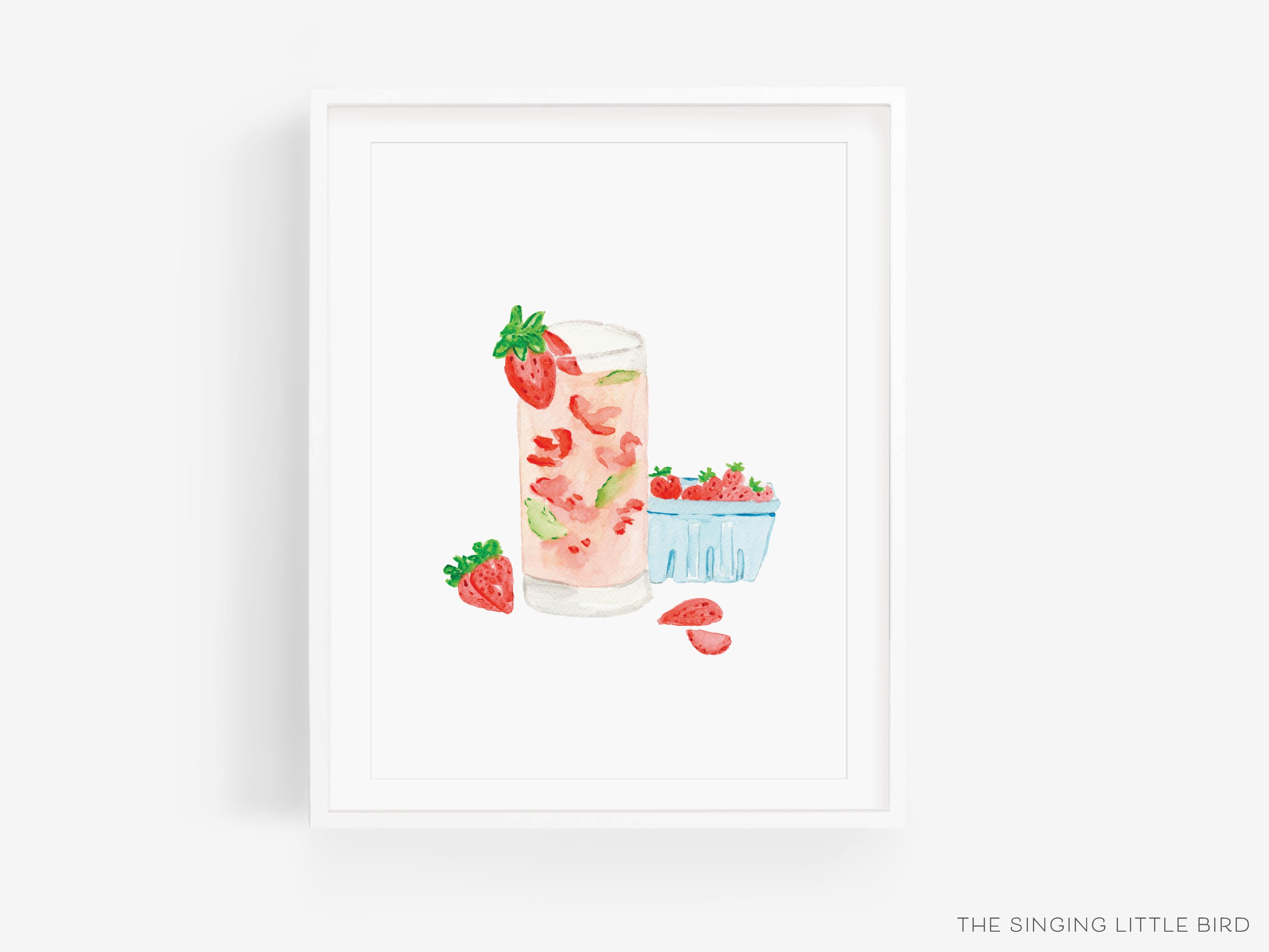 Strawberry Basil Cocktail Art Print-This watercolor art print features our hand-painted strawberries and cocktail glass, printed in the USA on 120lb high quality art paper. This makes a great gift or wall decor for the cocktail lover in your life.-The Singing Little Bird