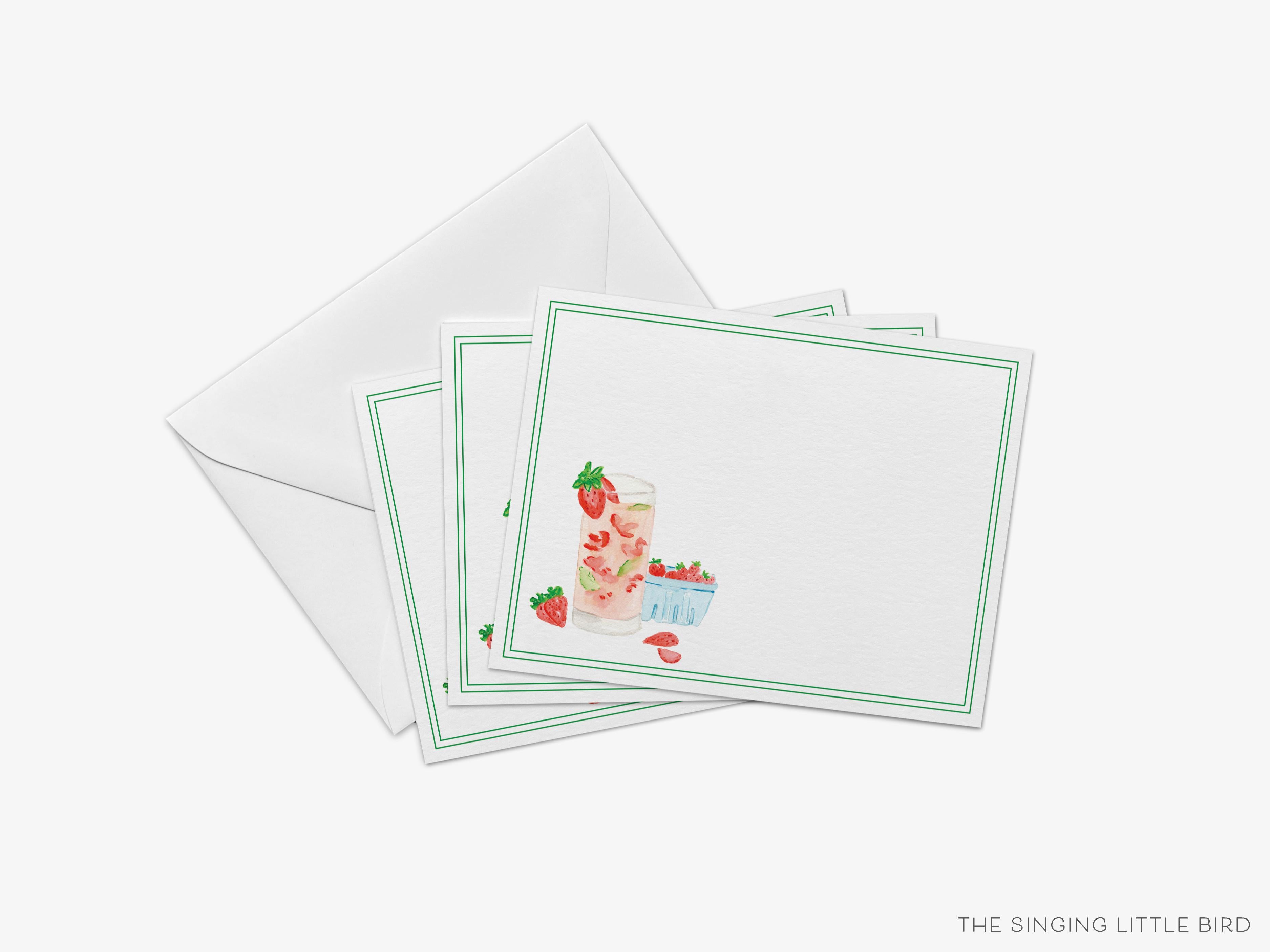 Strawberry Basil Cocktail Flat Notes [Sets of 8]-These flat notecards are 4.25x5.5 and feature our hand-painted watercolor strawberries and cocktail glass, printed in the USA on 120lb textured stock. They come with white envelopes and make great thank yous and gifts for the cocktail lover in your life.-The Singing Little Bird