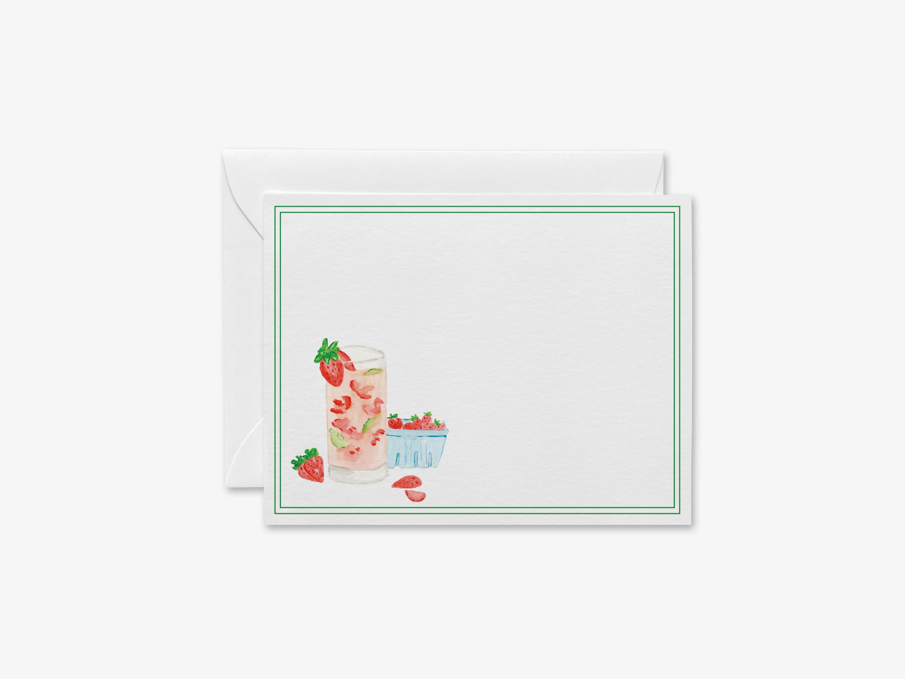 Strawberry Basil Cocktail Flat Notes [Sets of 8]-These flat notecards are 4.25x5.5 and feature our hand-painted watercolor strawberries and cocktail glass, printed in the USA on 120lb textured stock. They come with white envelopes and make great thank yous and gifts for the cocktail lover in your life.-The Singing Little Bird