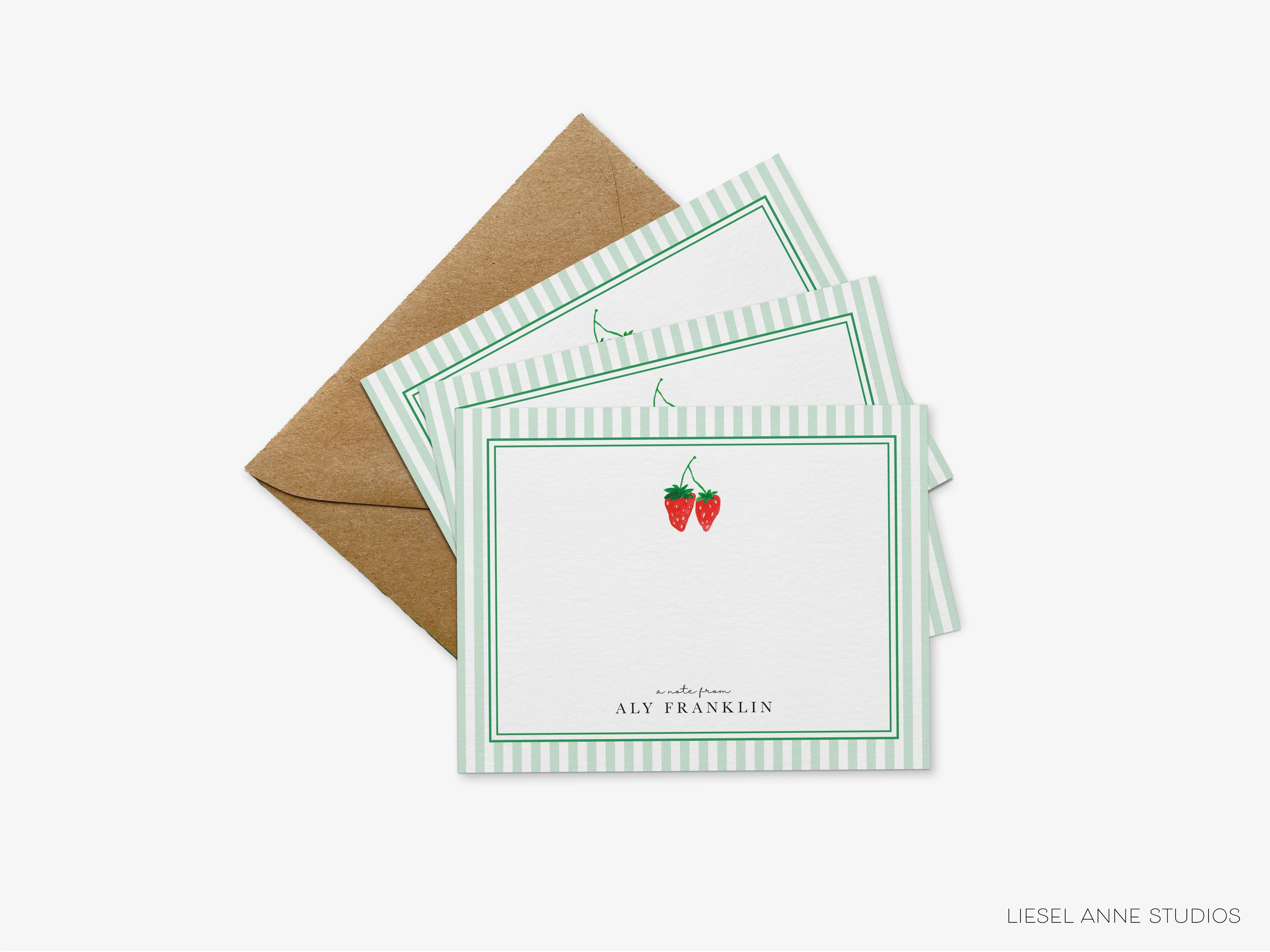 Strawberry Flat Notes-These personalized flat notecards are 4.25x5.5 and feature our hand-painted watercolor strawberries, printed in the USA on 120lb textured stock. They come with your choice of envelopes and make great thank yous and gifts for the berry lover in your life.-The Singing Little Bird