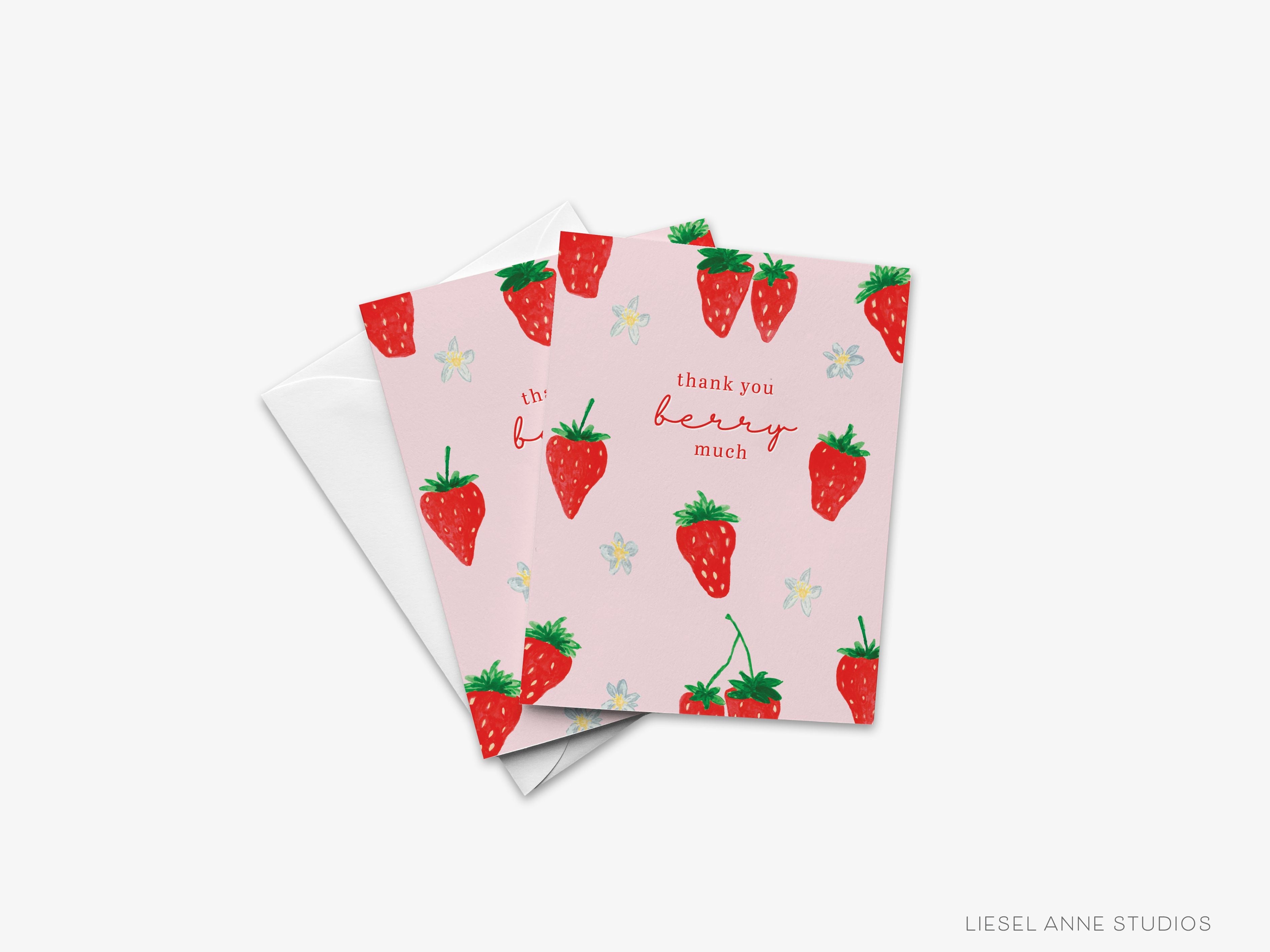 Strawberry Thank You Berry Much Greeting Card-These folded summer cards are 4.25x5.5 and feature our hand-painted watercolor strawberries, printed in the USA on 100lb textured stock. They come with a white envelope and make a thoughtful thank you card for a family member or friend.-The Singing Little Bird