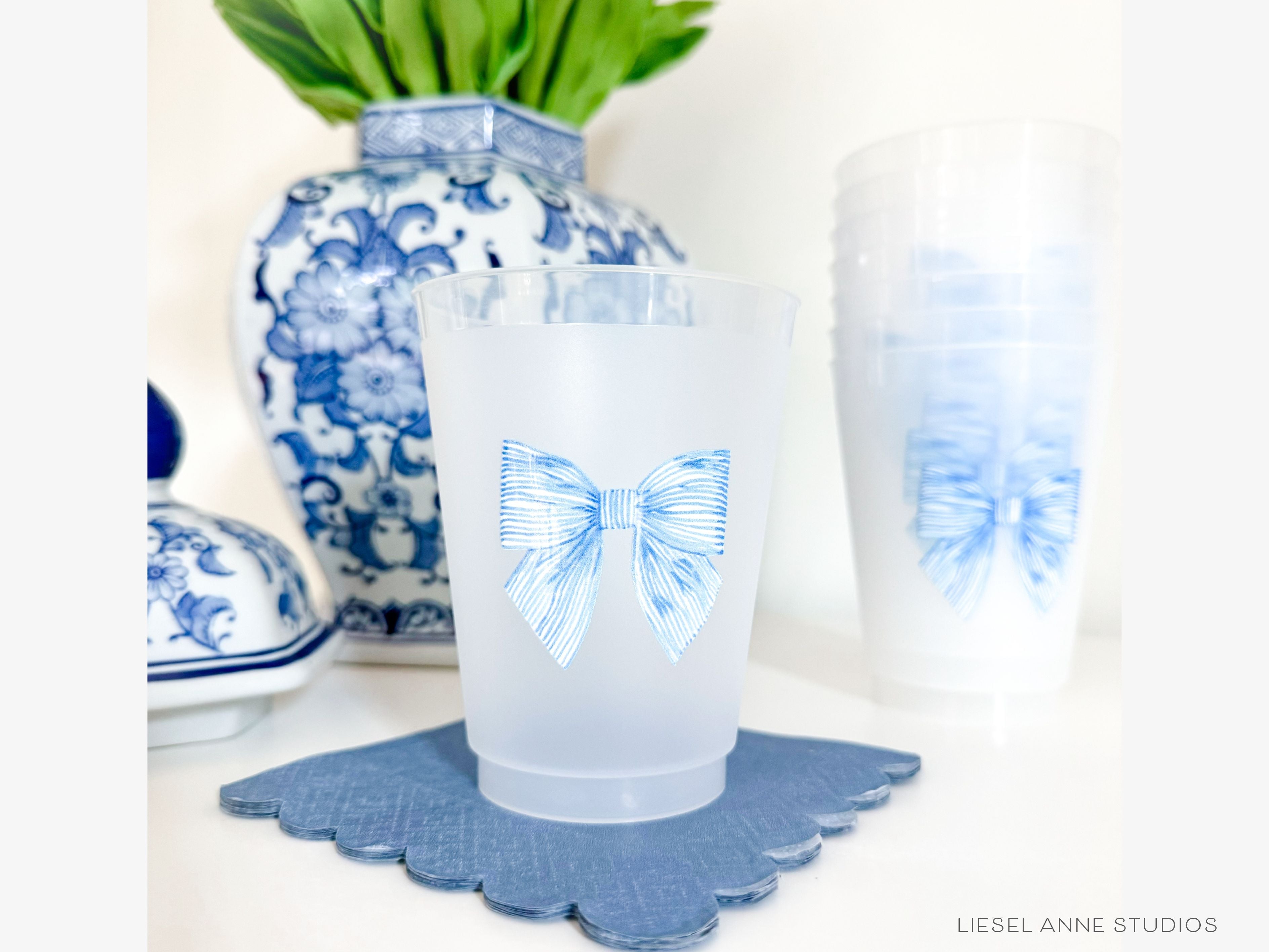 Striped Blue Bow 16oz Shatterproof Cups [Set of 8]-These shatterproof cups feature our hand-painted striped blue bow and make great party decorations for baby showers, bridal showers, birthdays and more! They come in sets of 8 and are re-usable for other parties to come or make wonderful party favors!-The Singing Little Bird