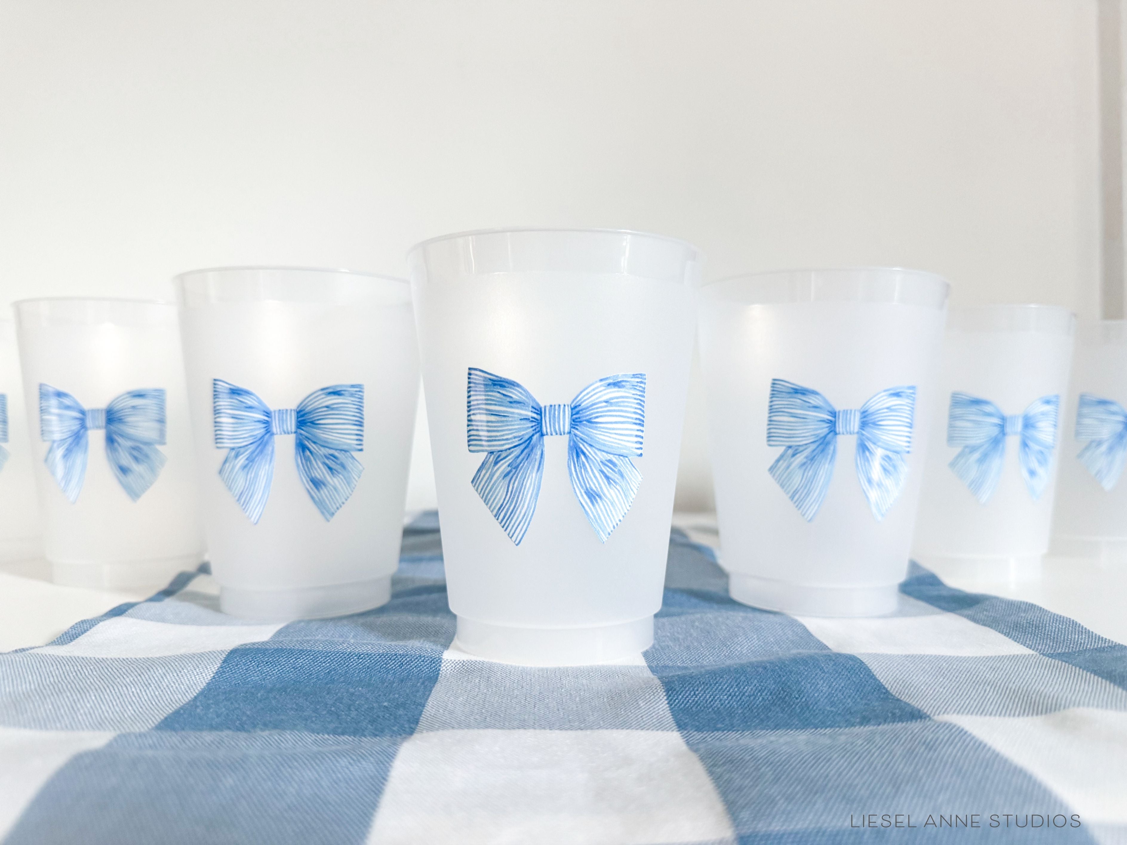 Striped Blue Bow 16oz Shatterproof Cups [Set of 8]-These shatterproof cups feature our hand-painted striped blue bow and make great party decorations for baby showers, bridal showers, birthdays and more! They come in sets of 8 and are re-usable for other parties to come or make wonderful party favors!-The Singing Little Bird