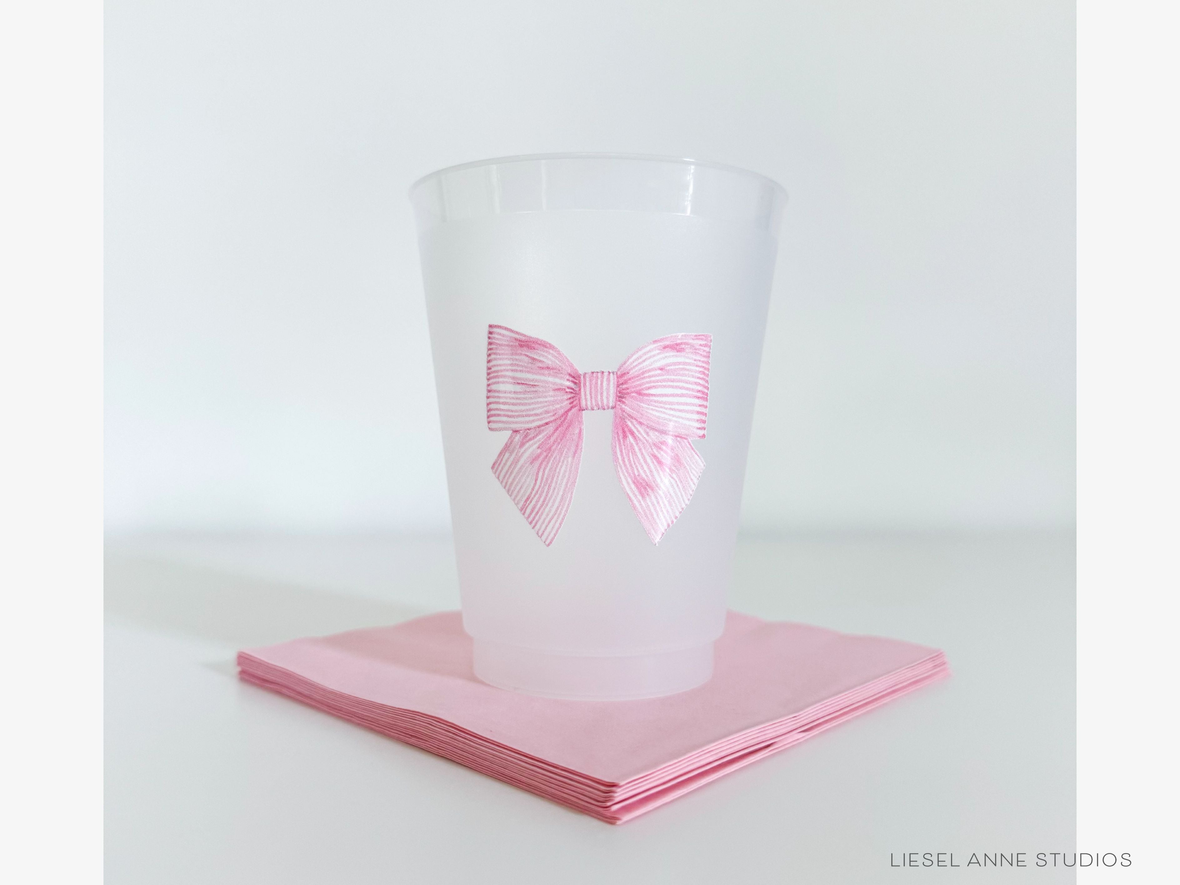 Striped Pink Bow 16oz Shatterproof Cups [Set of 8]-These shatterproof cups feature our hand-painted striped pink bow and make great party decorations for baby showers, bridal showers, birthdays and more! They come in sets of 8 and are re-usable for other parties to come or make wonderful party favors!-The Singing Little Bird