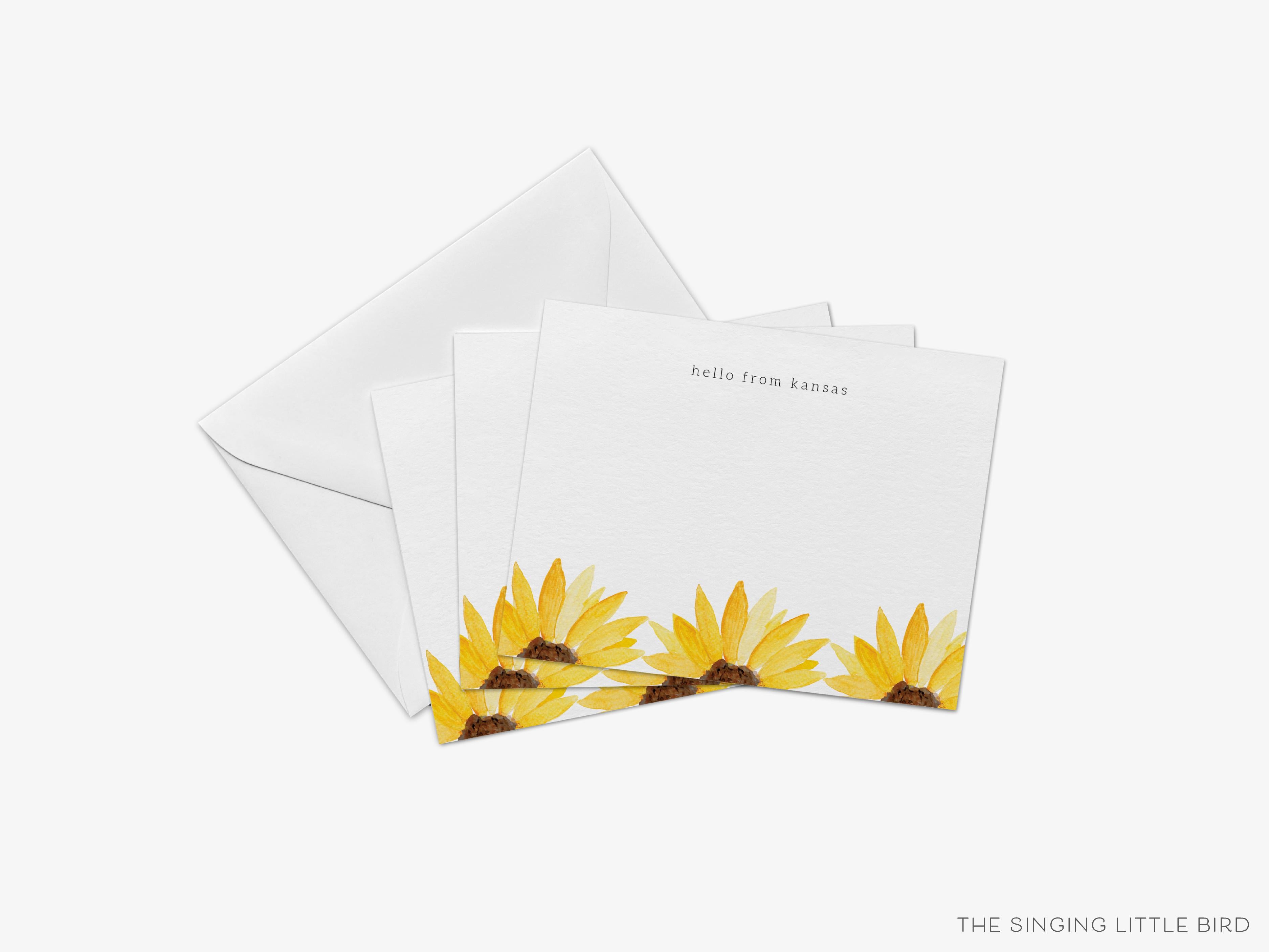Sunflower Trio Flat Notes [Sets of 8]-These flat notecards are 4.25x5.5 and feature our hand-painted watercolor sunflowers, printed in the USA on 120lb textured stock. They come with white envelopes and make great thank yous and gifts for the floral lover in your life.-The Singing Little Bird