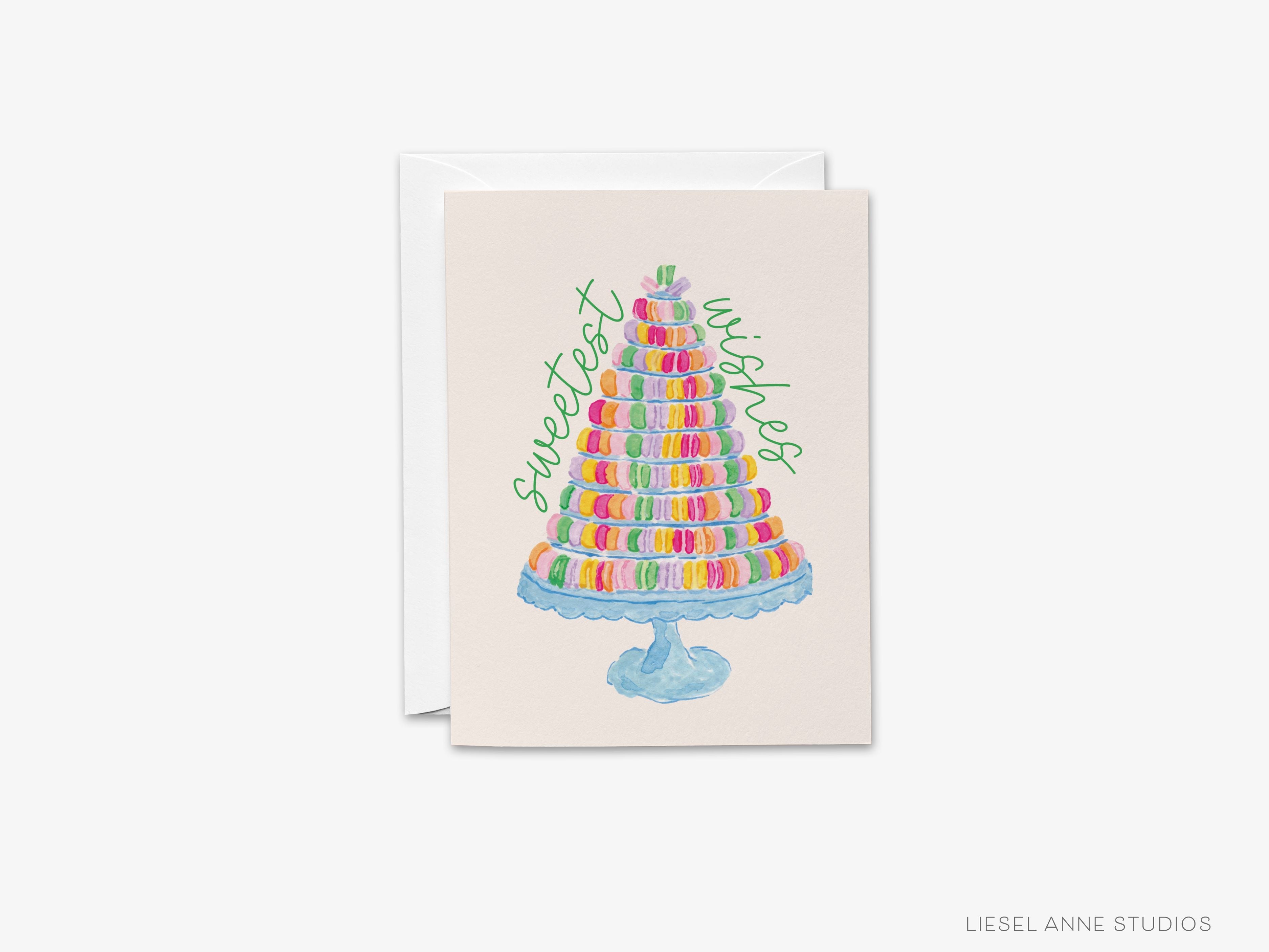 Sweetest Wishes Macaron Greeting Card-These folded cheers cards are 4.25x5.5 and feature our hand-painted watercolor macarons, printed in the USA on 100lb textured stock. They come with a white envelope and make a thoughtful birthday card for a family member or friend.-The Singing Little Bird