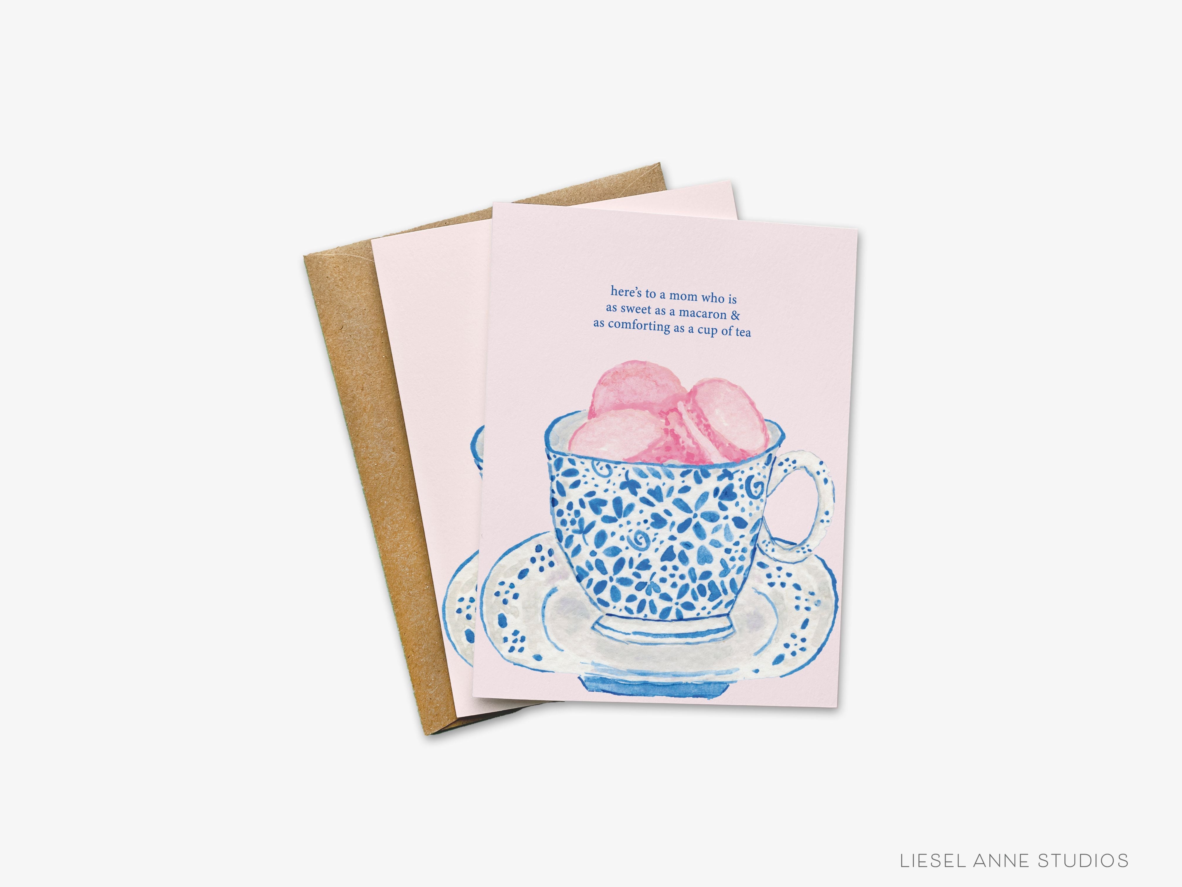 Tea & Macarons Card for Mom Greeting Card-These folded cheers cards are 4.25x5.5 and feature our hand-painted watercolor macarons and tea cup, printed in the USA on 100lb textured stock. They come with a white envelope and make a thoughtful card for a Mother or Grandmother.-The Singing Little Bird