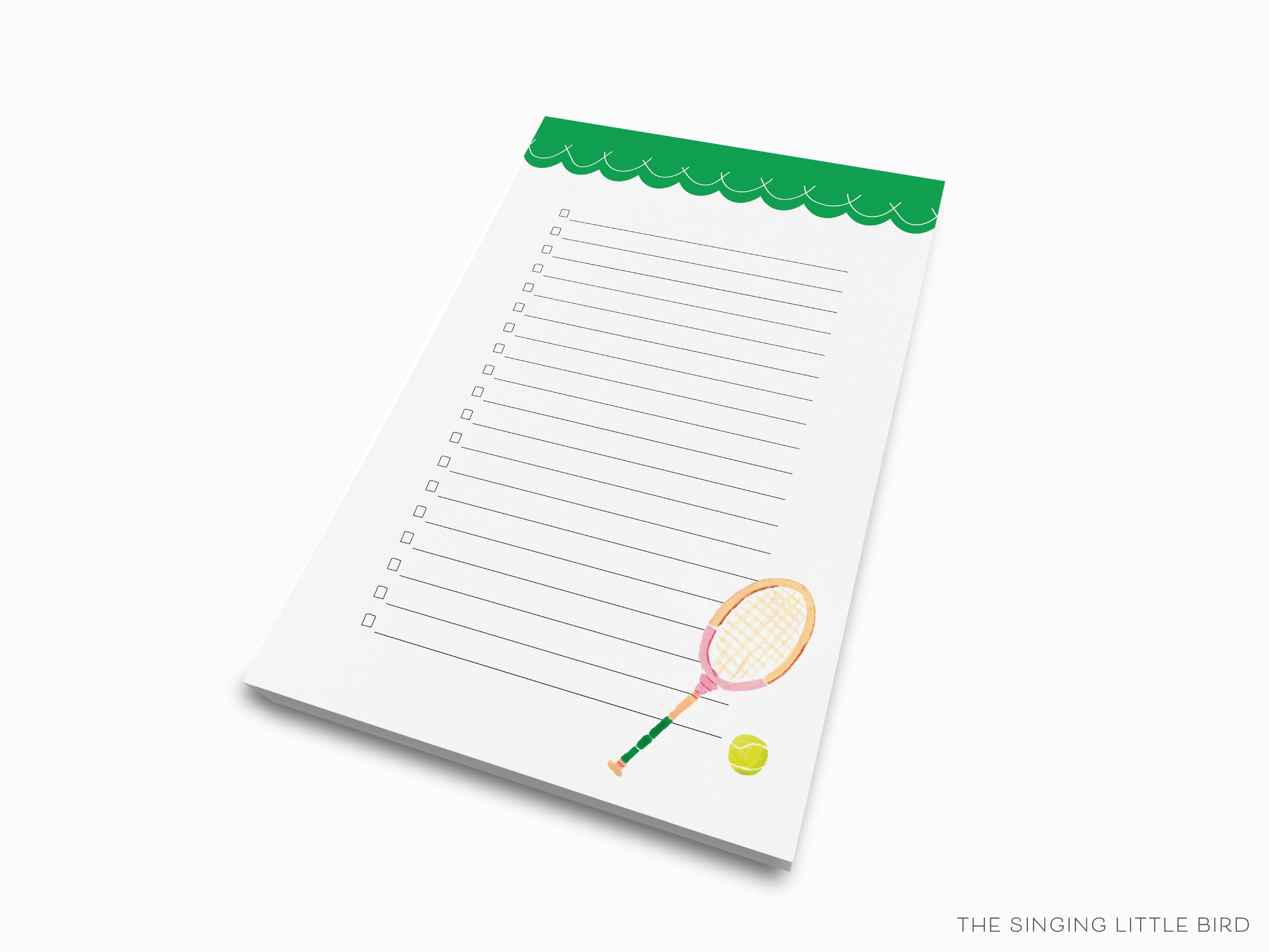 Tennis Notepad-These notepads feature our hand-painted watercolor tennis racket, printed in the USA on a beautiful smooth stock. You choose which size you want (or bundled together for a beautiful gift set) and makes a great gift for the checklist and sport lover in your life.-The Singing Little Bird