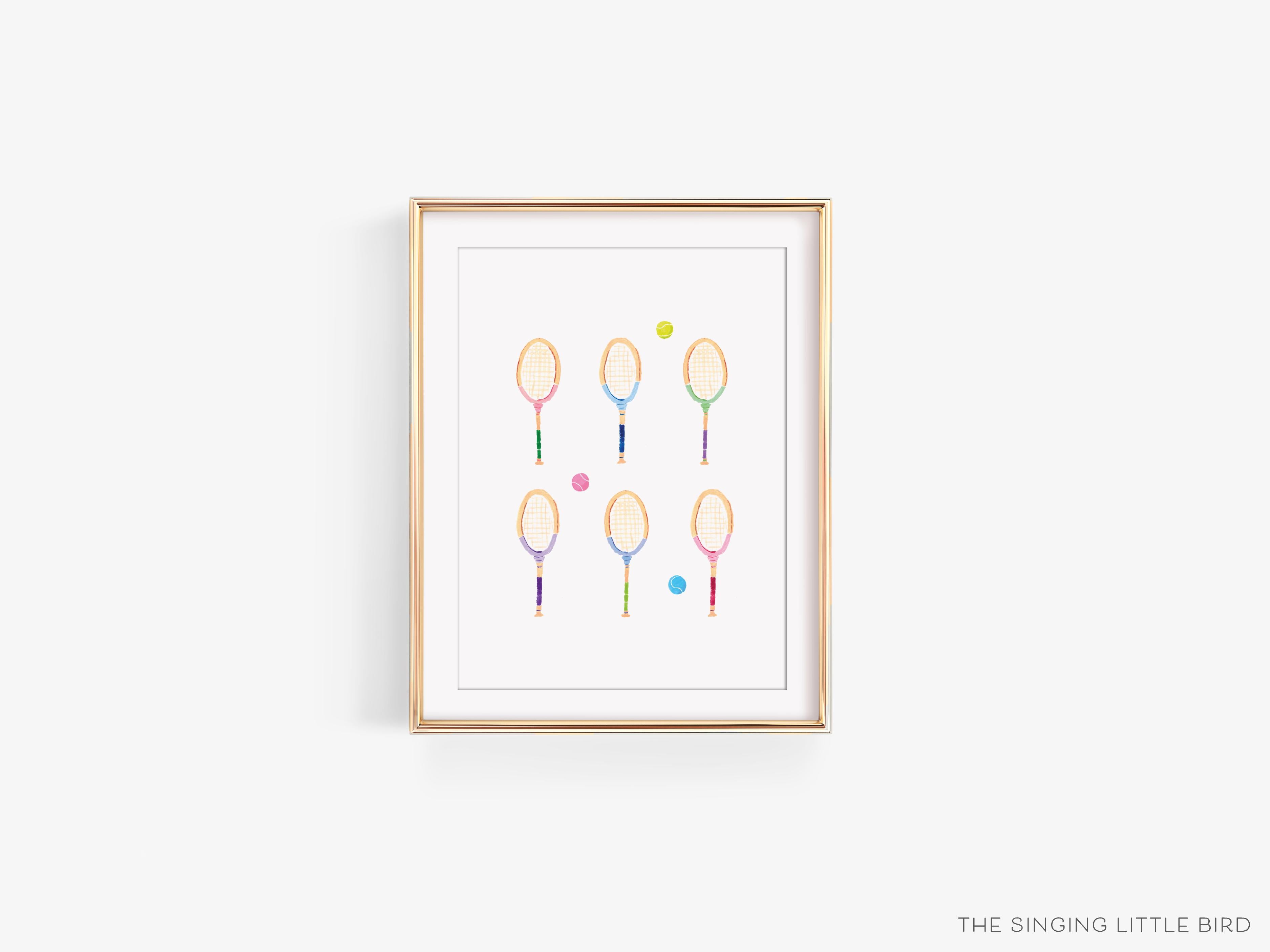 Tennis Racket Art Print-This watercolor art print features our hand-painted tennis rackets, printed in the USA on 120lb high quality art paper. This makes a great gift or wall decor for the tennis lover in your life.-The Singing Little Bird