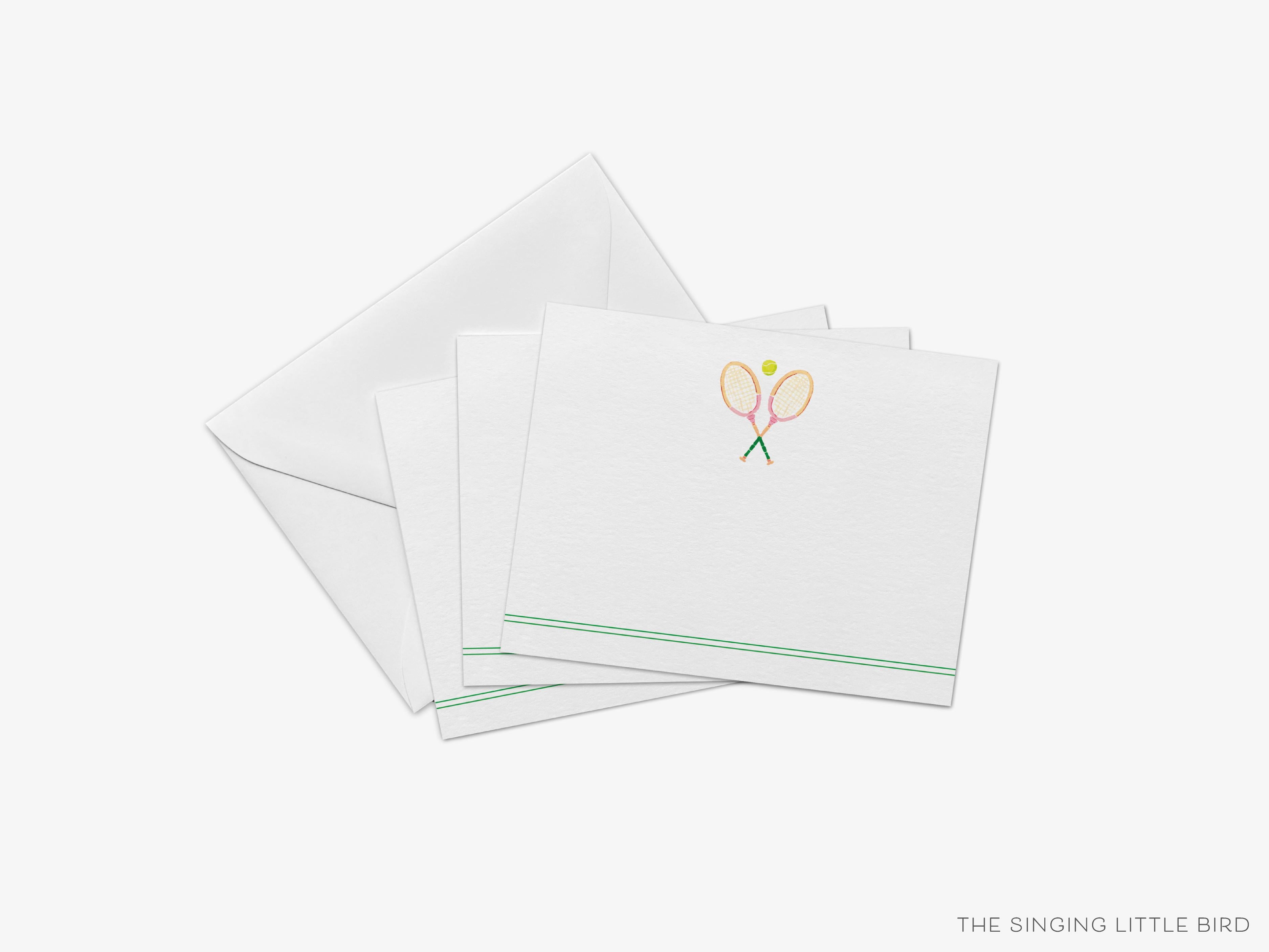 Tennis Racket Flat Notes [Sets of 8]-These flat notecards are 4.25x5.5 and feature our hand-painted watercolor tennis rackets, printed in the USA on 120lb textured stock. They come with white envelopes and make great thank yous and gifts for the tennis lover in your life.-The Singing Little Bird