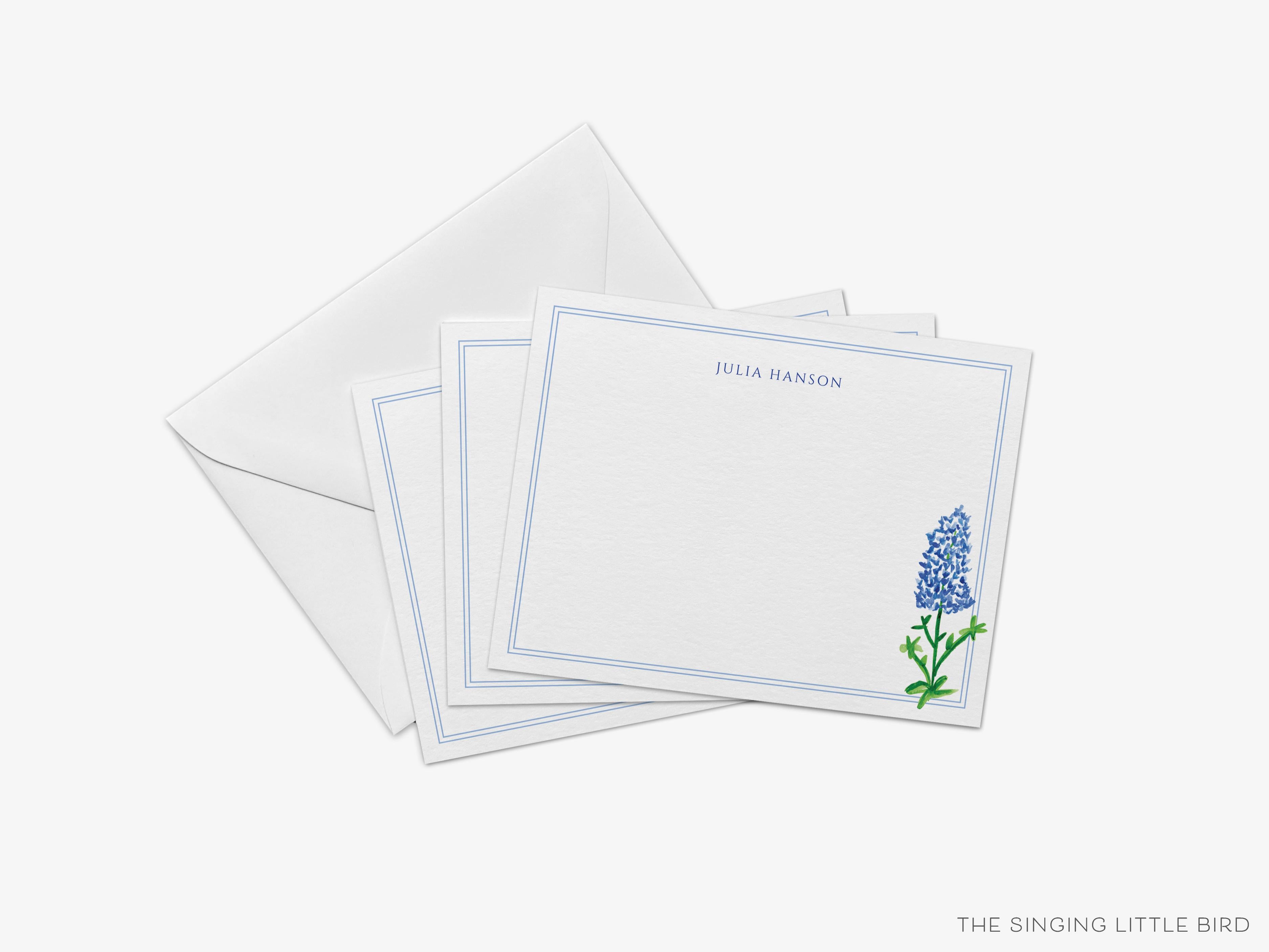 Texas Bluebonnet Flat Notes-These personalized flat notecards are 4.25x5.5 and feature our hand-painted watercolor bluebonnets, printed in the USA on 120lb textured stock. They come with your choice of envelopes and make great thank yous and gifts for the flower lover in your life.-The Singing Little Bird