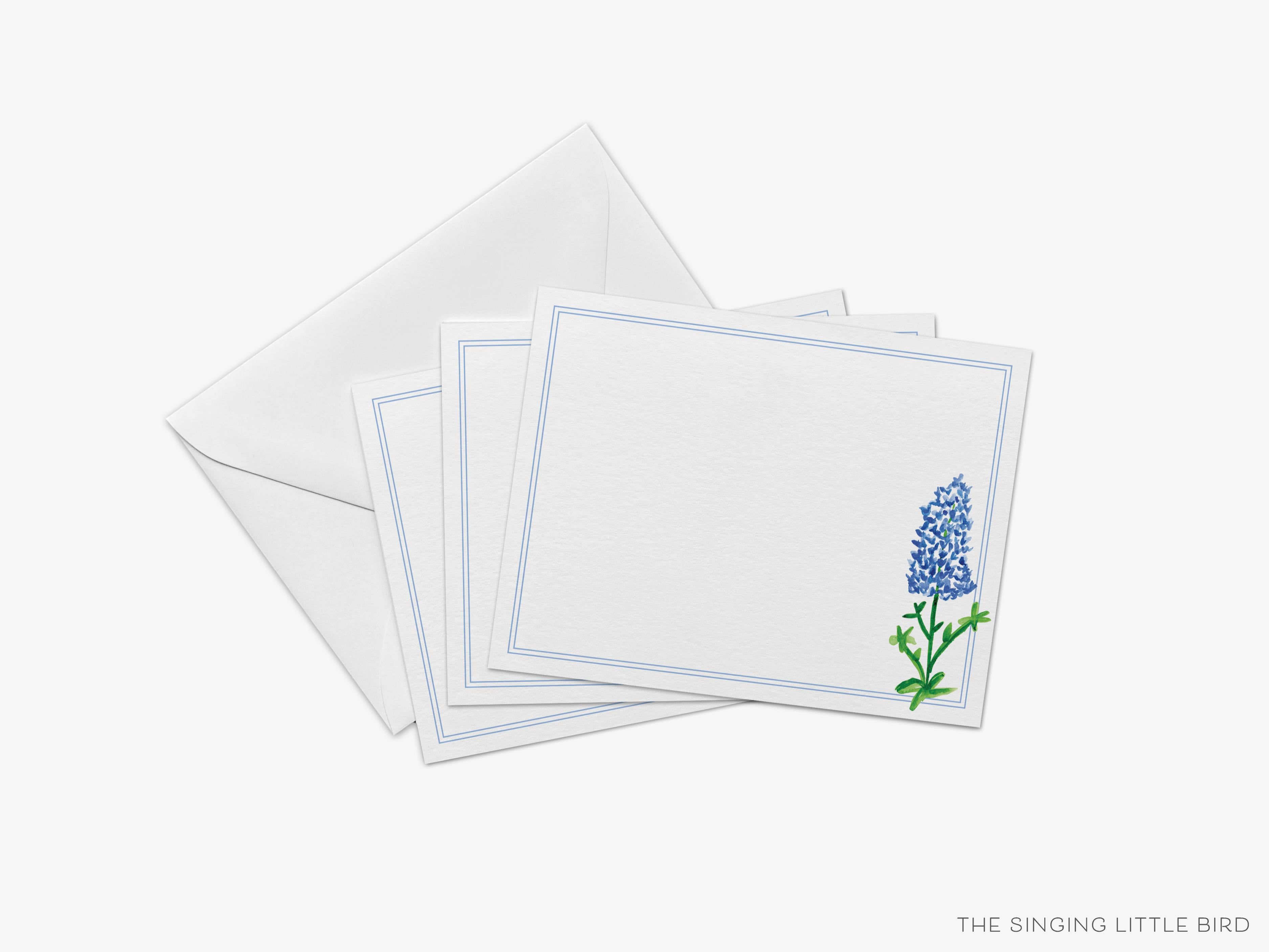 Texas Bluebonnet Flat Notes [Sets of 8]-These flat notecards are 4.25x5.5 and feature our hand-painted watercolor bluebonnets, printed in the USA on 120lb textured stock. They come with white envelopes and make great thank yous and gifts for the floral lover in your life.-The Singing Little Bird