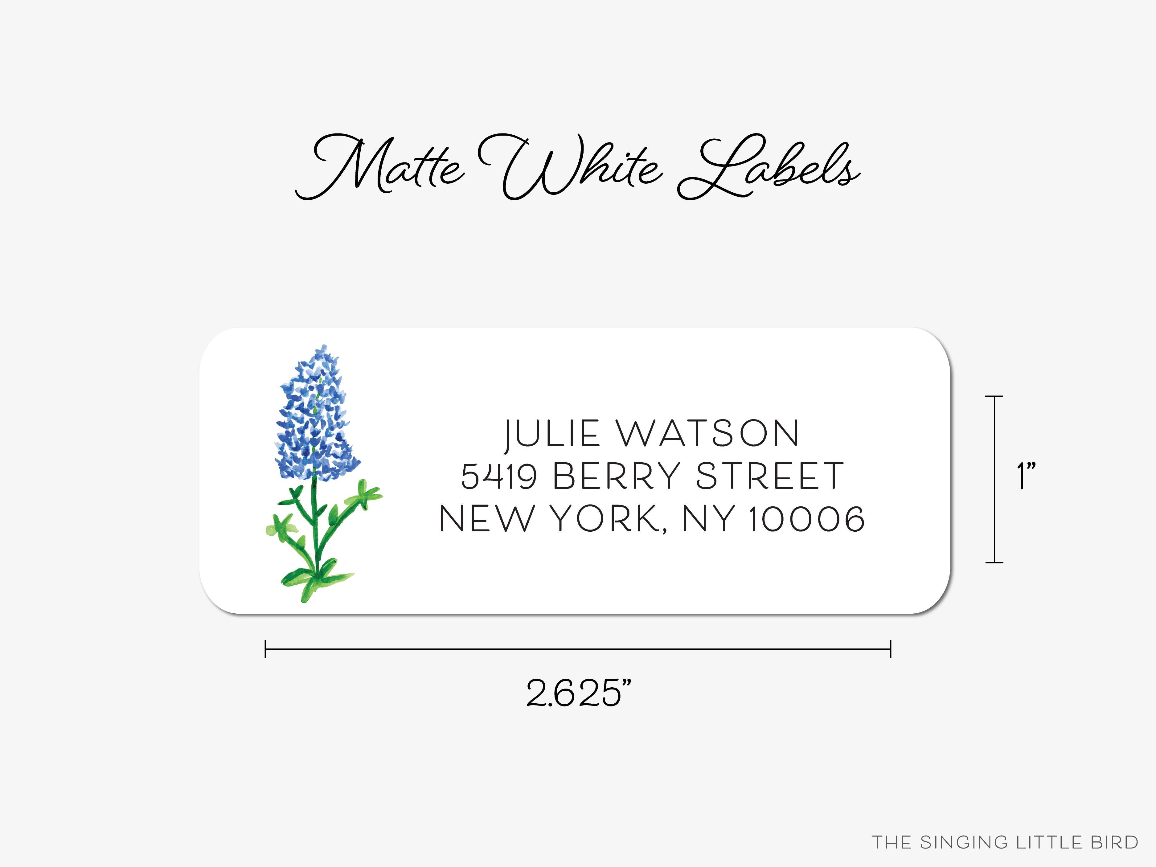 Texas Bluebonnet Return Address Labels-These personalized return address labels are 2.625" x 1" and feature our hand-painted watercolor Texas Bluebonnet, printed in the USA on beautiful matte finish labels. These make great gifts for yourself or the flower lover.-The Singing Little Bird
