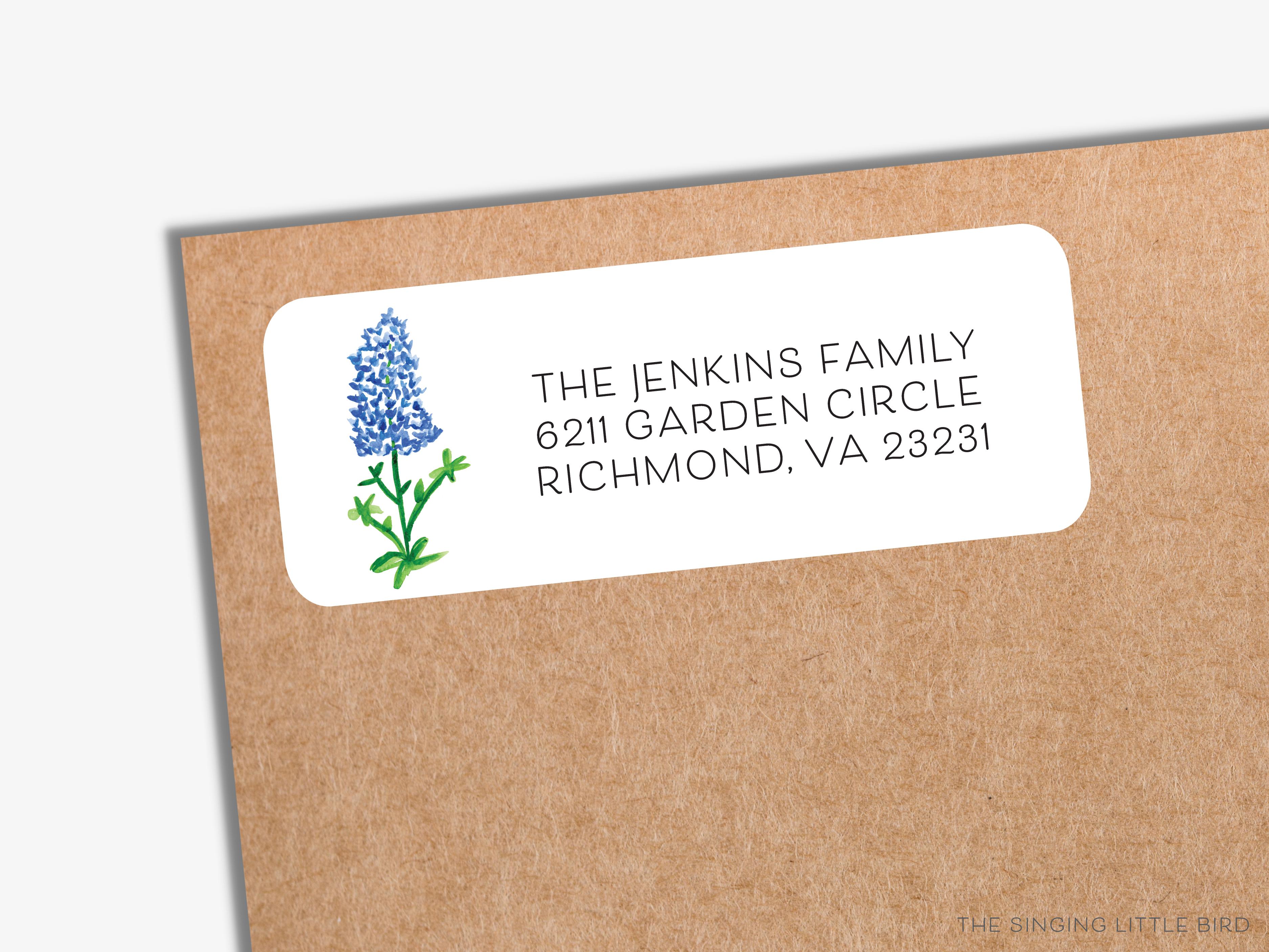 Texas Bluebonnet Return Address Labels-These personalized return address labels are 2.625" x 1" and feature our hand-painted watercolor Texas Bluebonnet, printed in the USA on beautiful matte finish labels. These make great gifts for yourself or the flower lover.-The Singing Little Bird