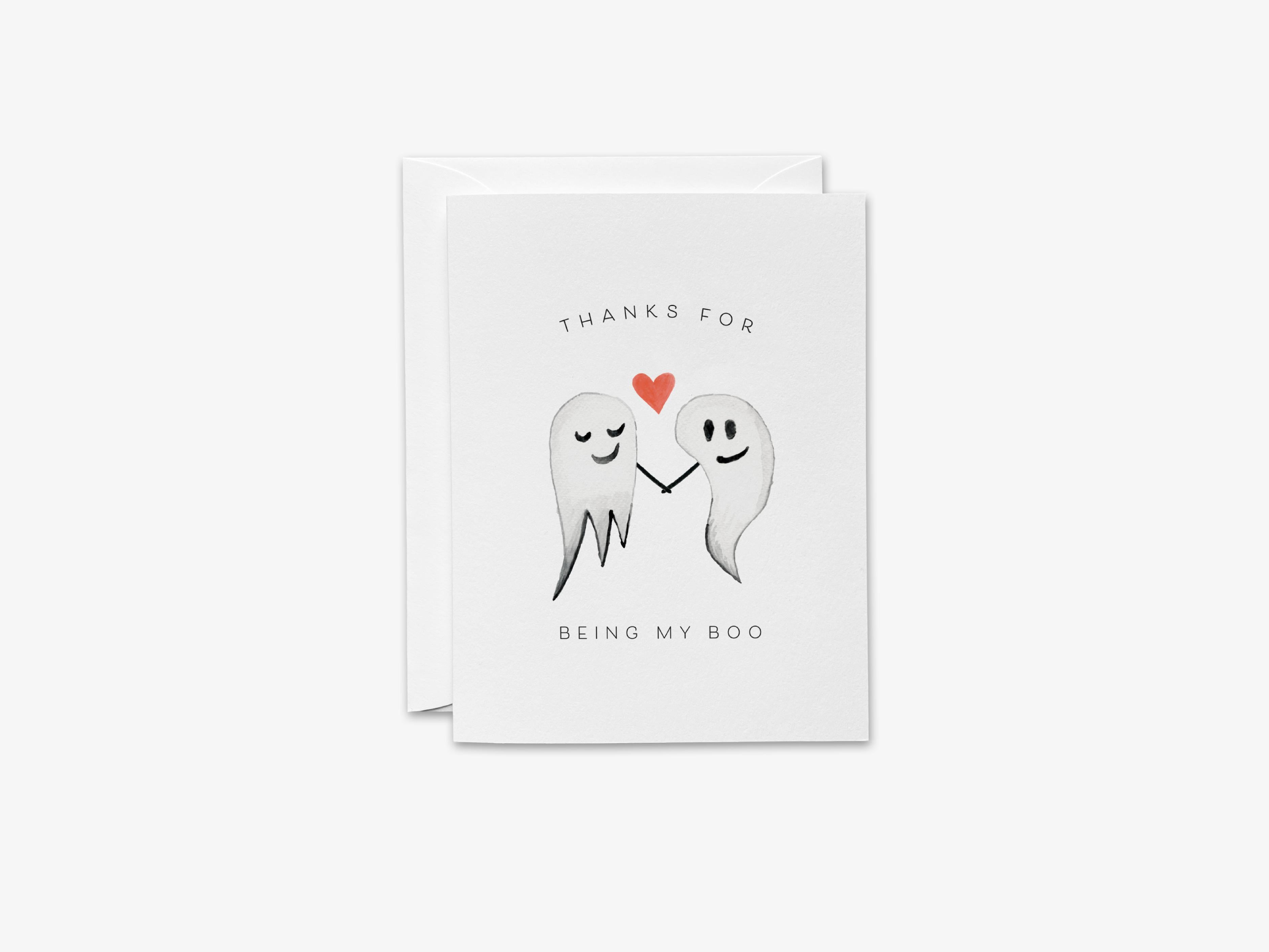 Thanks For Being My Boo Greeting Card-These folded greeting cards are 4.25x5.5 and feature our hand-painted ghosts, printed in the USA on 100lb textured stock. They come with a White envelope and make a great Anniversary card for the spooky lover in your life.-The Singing Little Bird