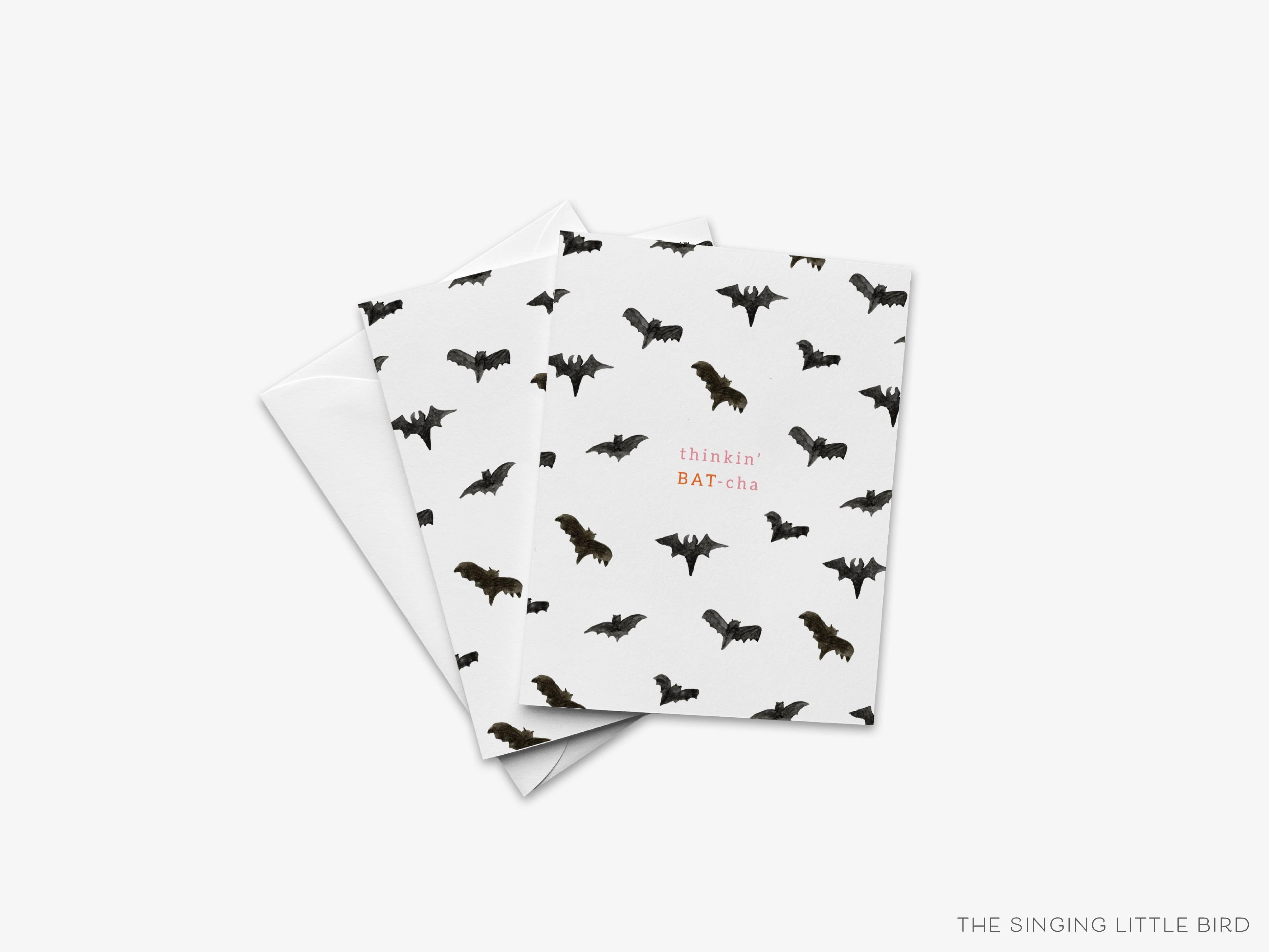 Thinking Batcha Bat Pun Greeting Card-These folded greeting cards are 4.25x5.5 and feature our hand-painted bats, printed in the USA on 100lb textured stock. They come with a White envelope and make a great Halloween card for the bat and pun lover in your life.-The Singing Little Bird