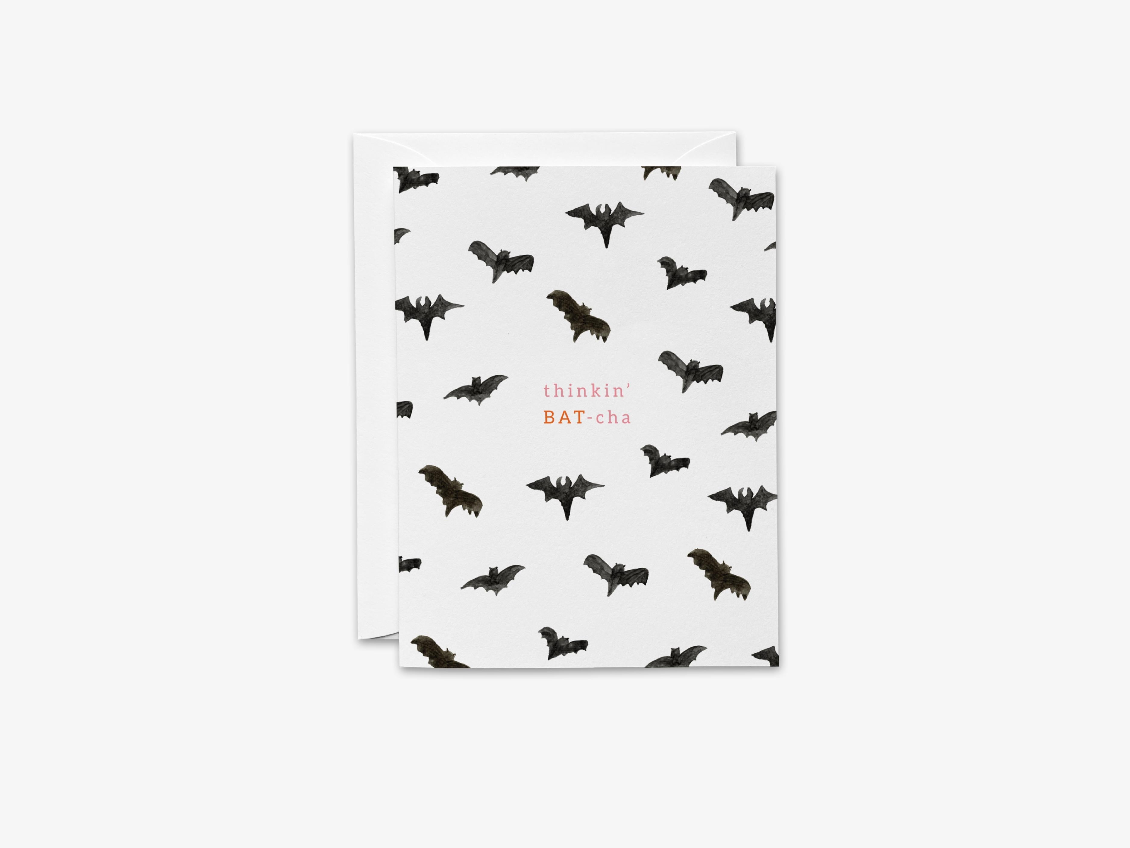 Thinking Batcha Bat Pun Greeting Card-These folded greeting cards are 4.25x5.5 and feature our hand-painted bats, printed in the USA on 100lb textured stock. They come with a White envelope and make a great Halloween card for the bat and pun lover in your life.-The Singing Little Bird