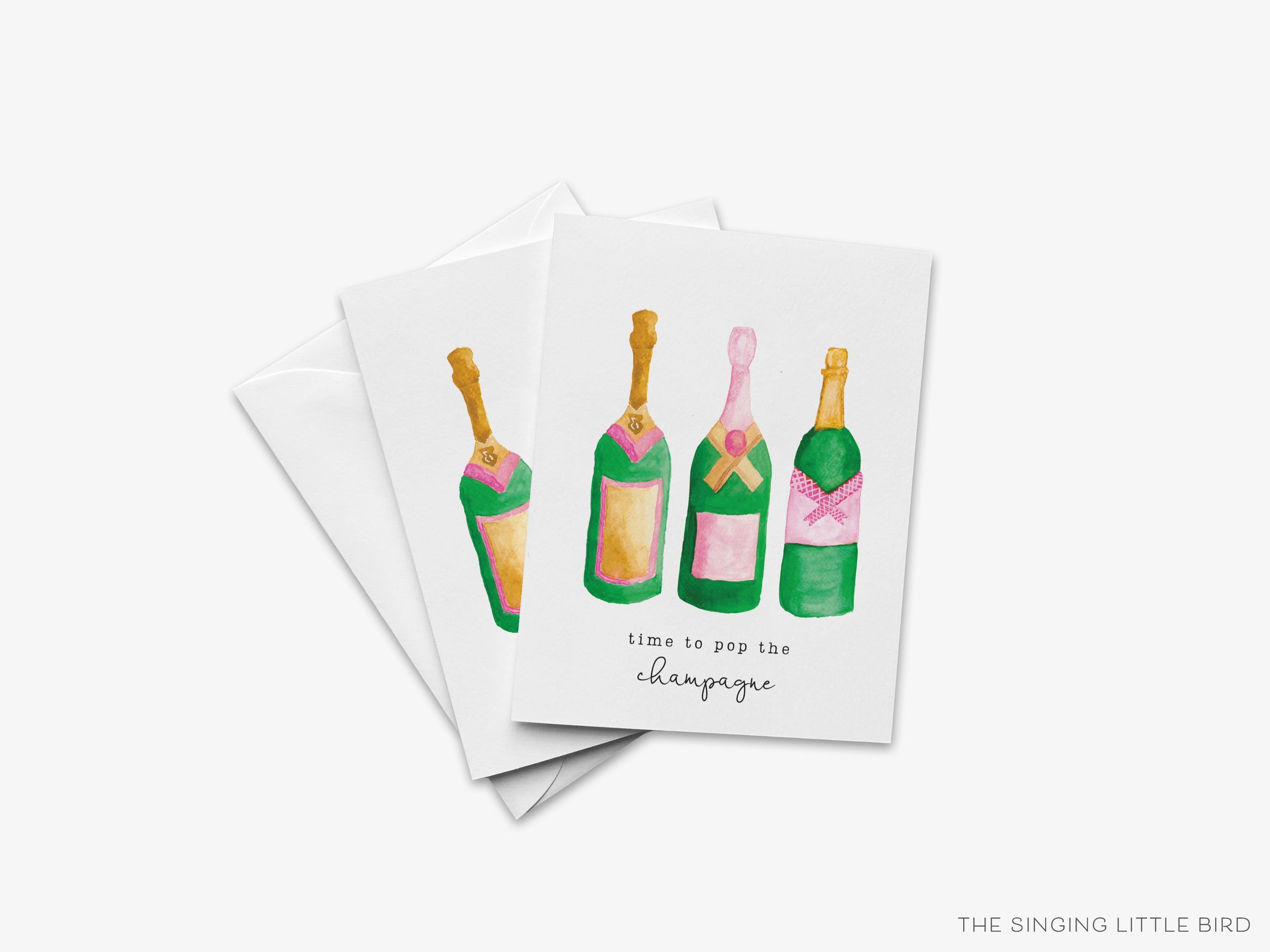 Time to Pop the Champagne Greeting Card-These folded greeting cards are 4.25x5.5 and feature our hand-painted champagne bottles, printed in the USA on 100lb textured stock. They come with a White envelope and make a great congratulations or birthday card for the cocktail lover in your life.-The Singing Little Bird