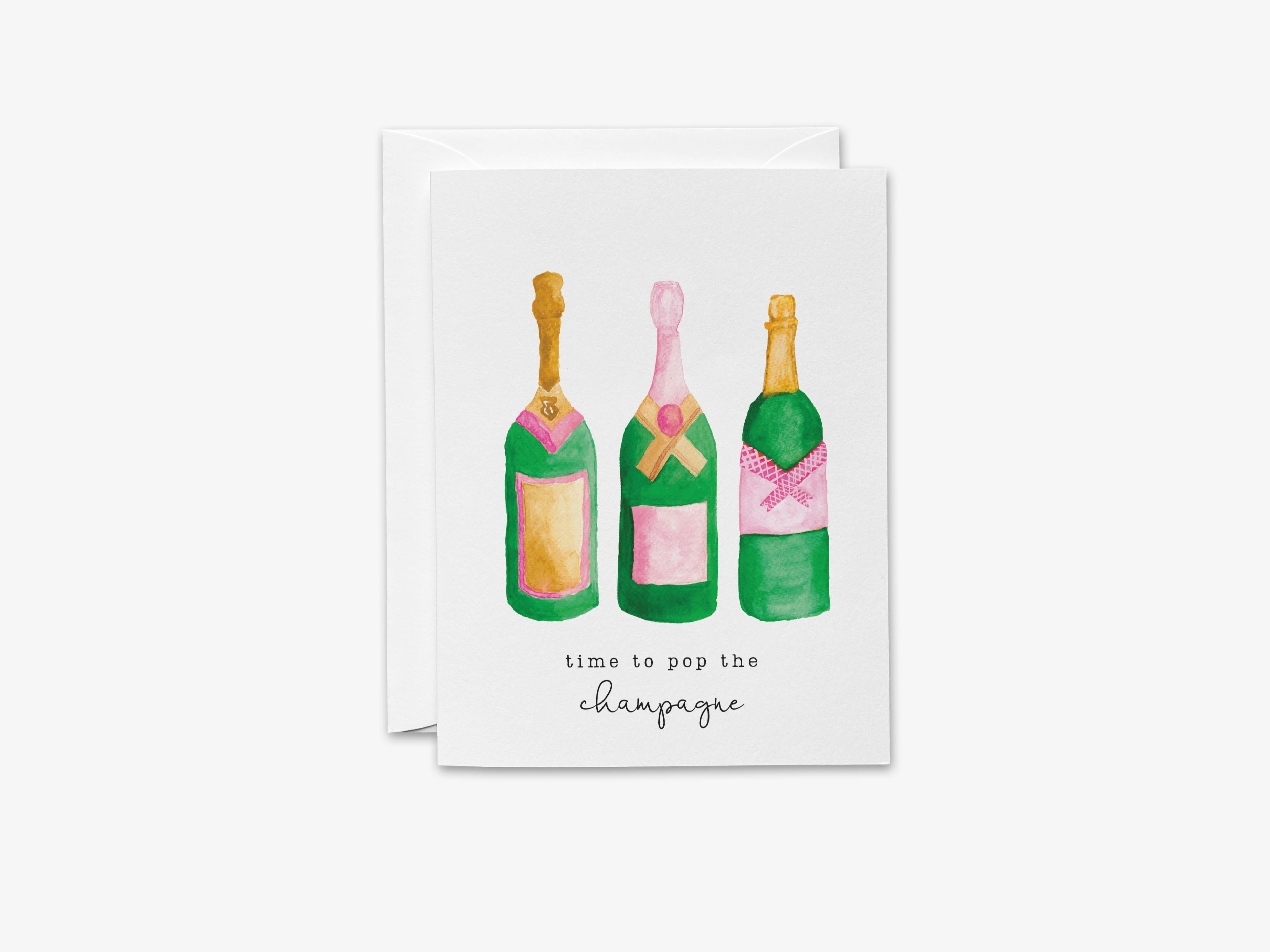 Time to Pop the Champagne Greeting Card-These folded greeting cards are 4.25x5.5 and feature our hand-painted champagne bottles, printed in the USA on 100lb textured stock. They come with a White envelope and make a great congratulations or birthday card for the cocktail lover in your life.-The Singing Little Bird